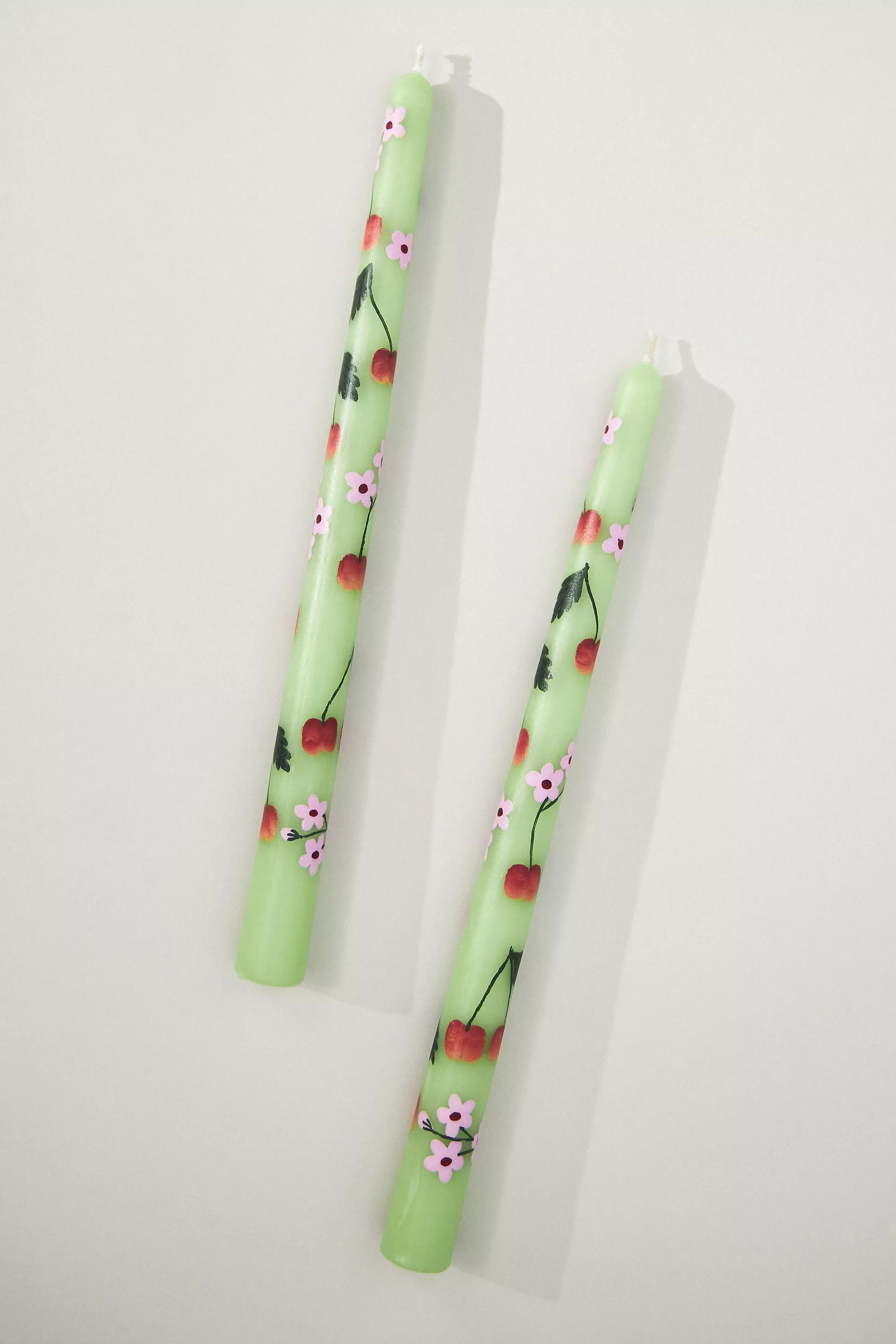 Green Faye Hand-Painted Taper Candles, Set Of 2, A501_0237, large image number 2