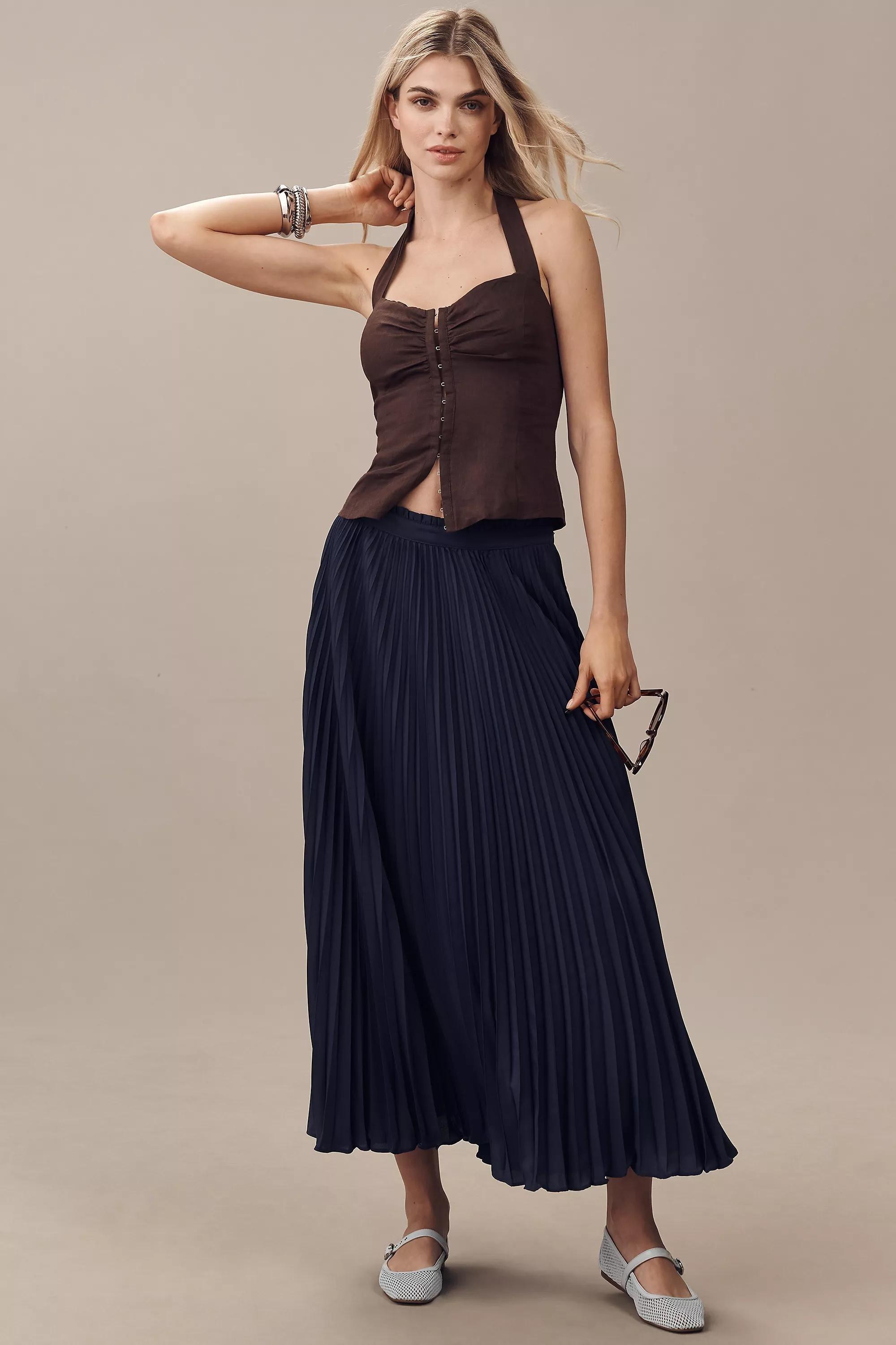 The Isobel Silky Pleated Skirt By Maeve, Navy, , large image number 0