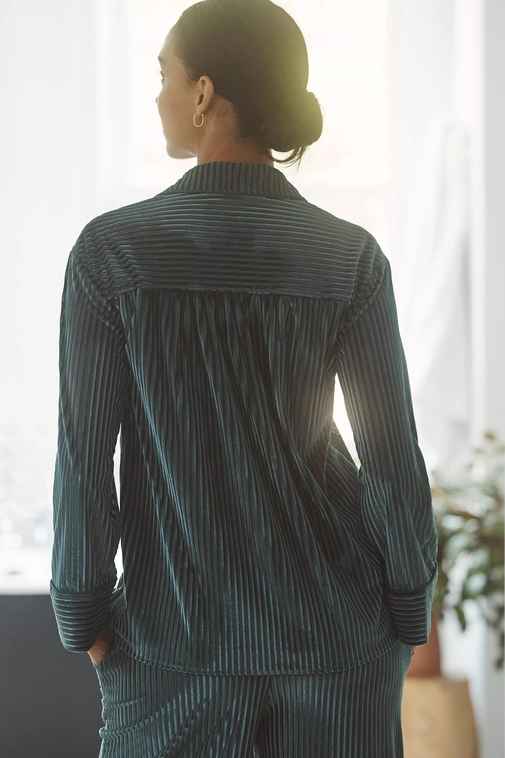 Holly Long-Sleeve Velvet Stripe Pyjama Top, Green, , large image number 1