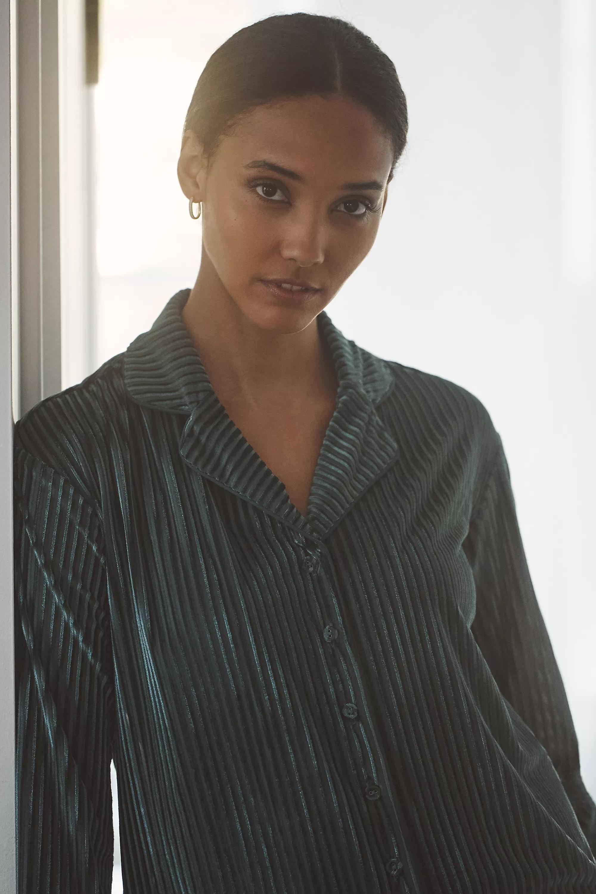 Holly Long-Sleeve Velvet Stripe Pyjama Top, Green, , large image number 2