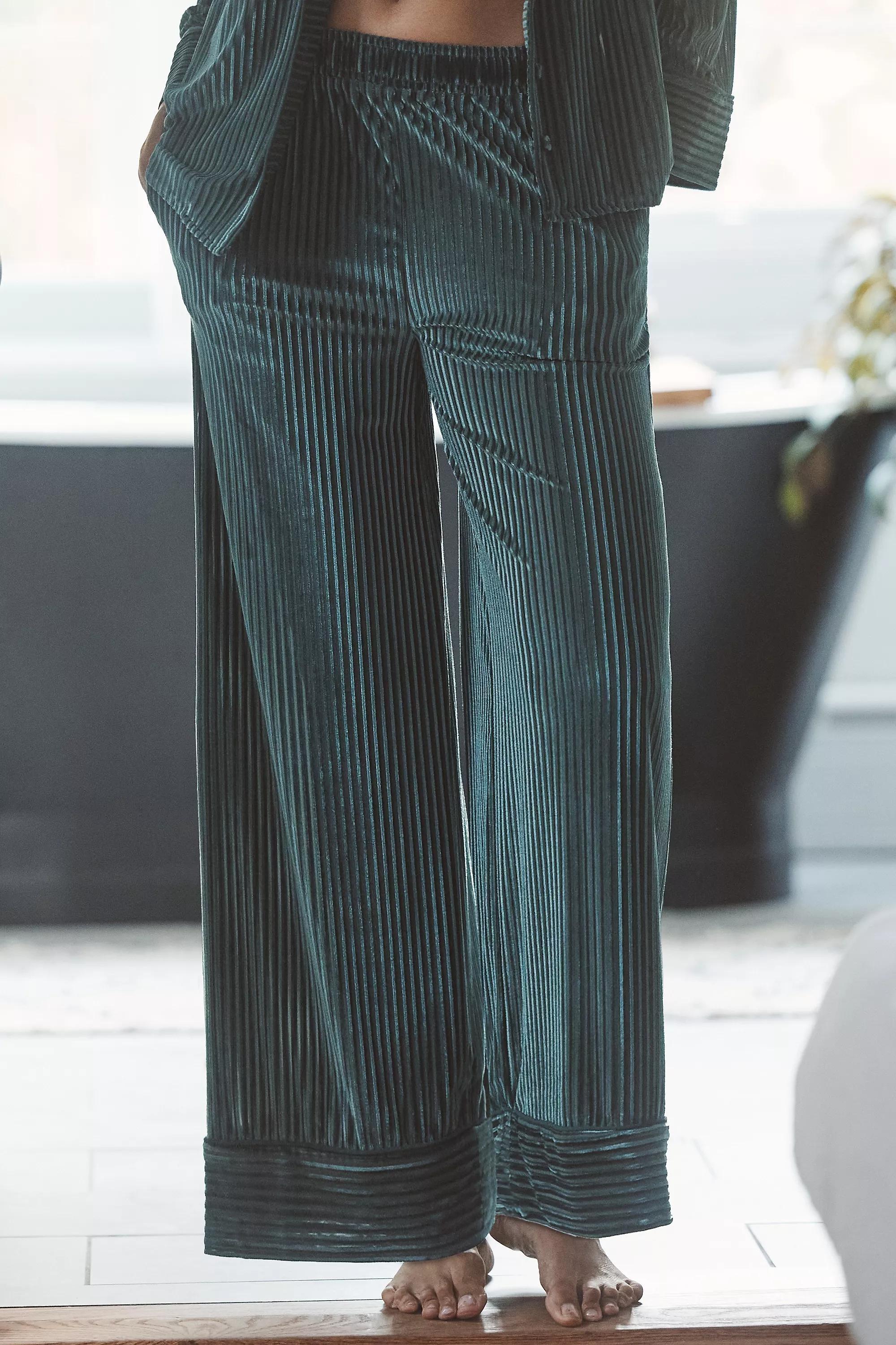 Holly Velvet Stripe Wide-Leg Pyjama Bottoms, Green, , large image number 1