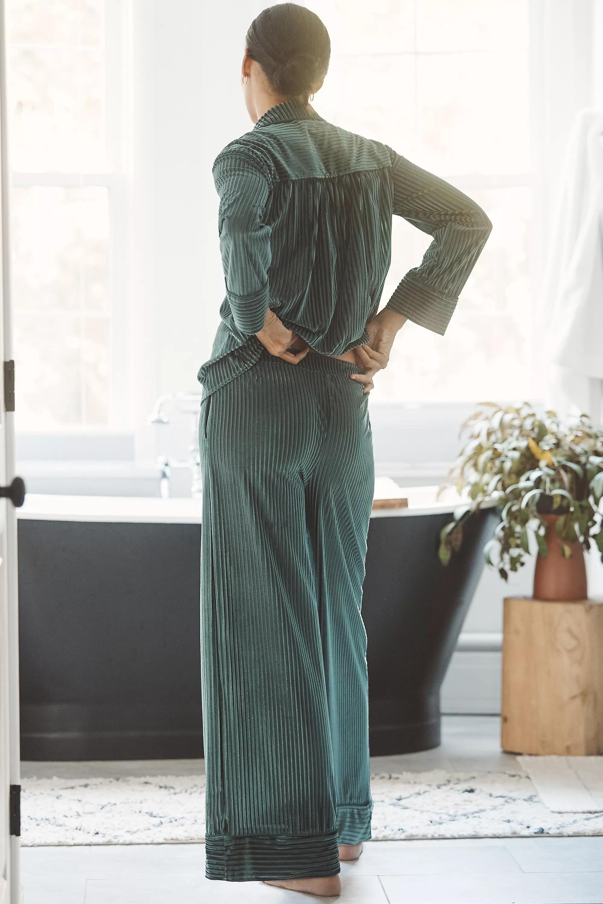 Holly Velvet Stripe Wide-Leg Pyjama Bottoms, Green, , large image number 2