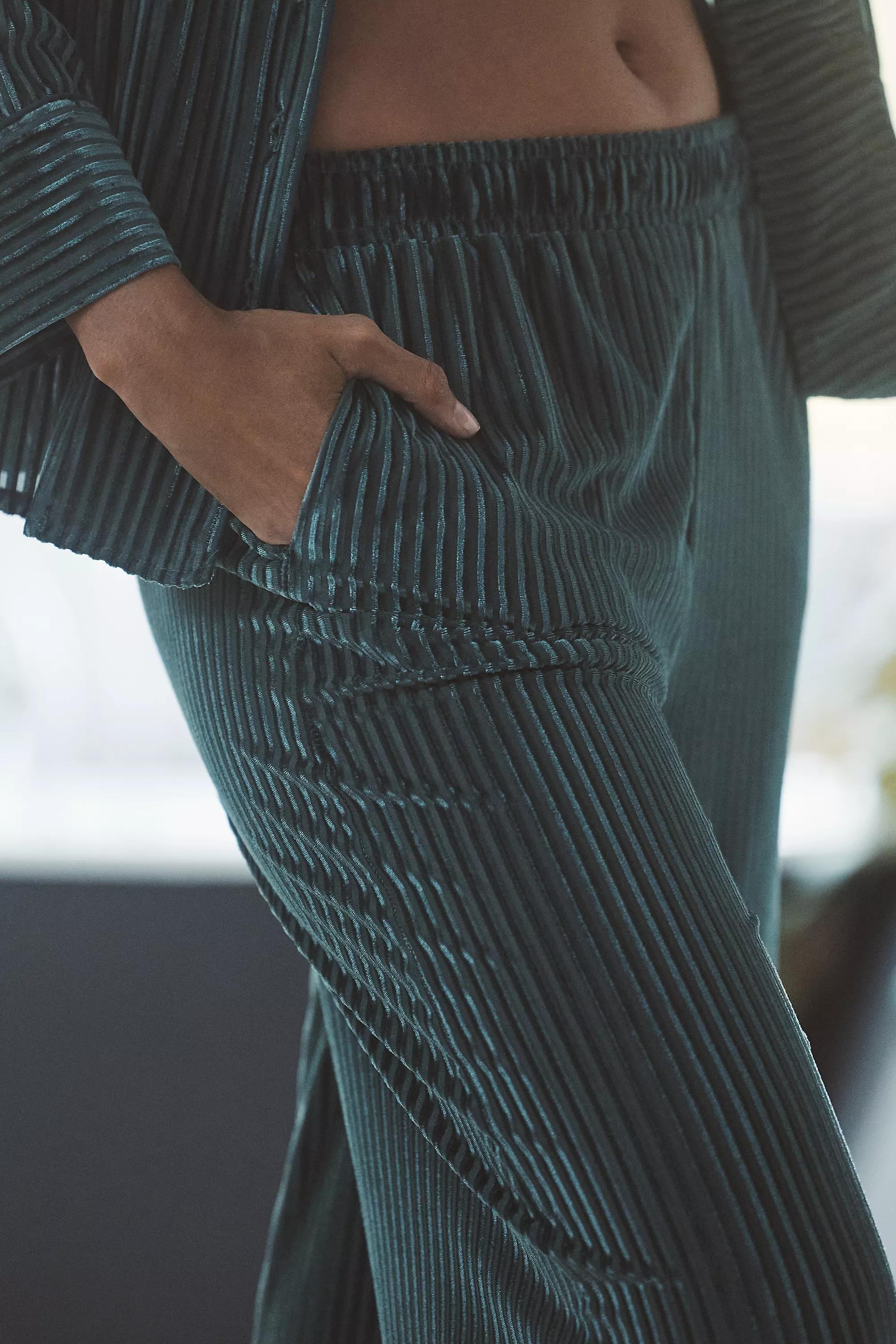 Holly Velvet Stripe Wide-Leg Pyjama Bottoms, Green, , large image number 3