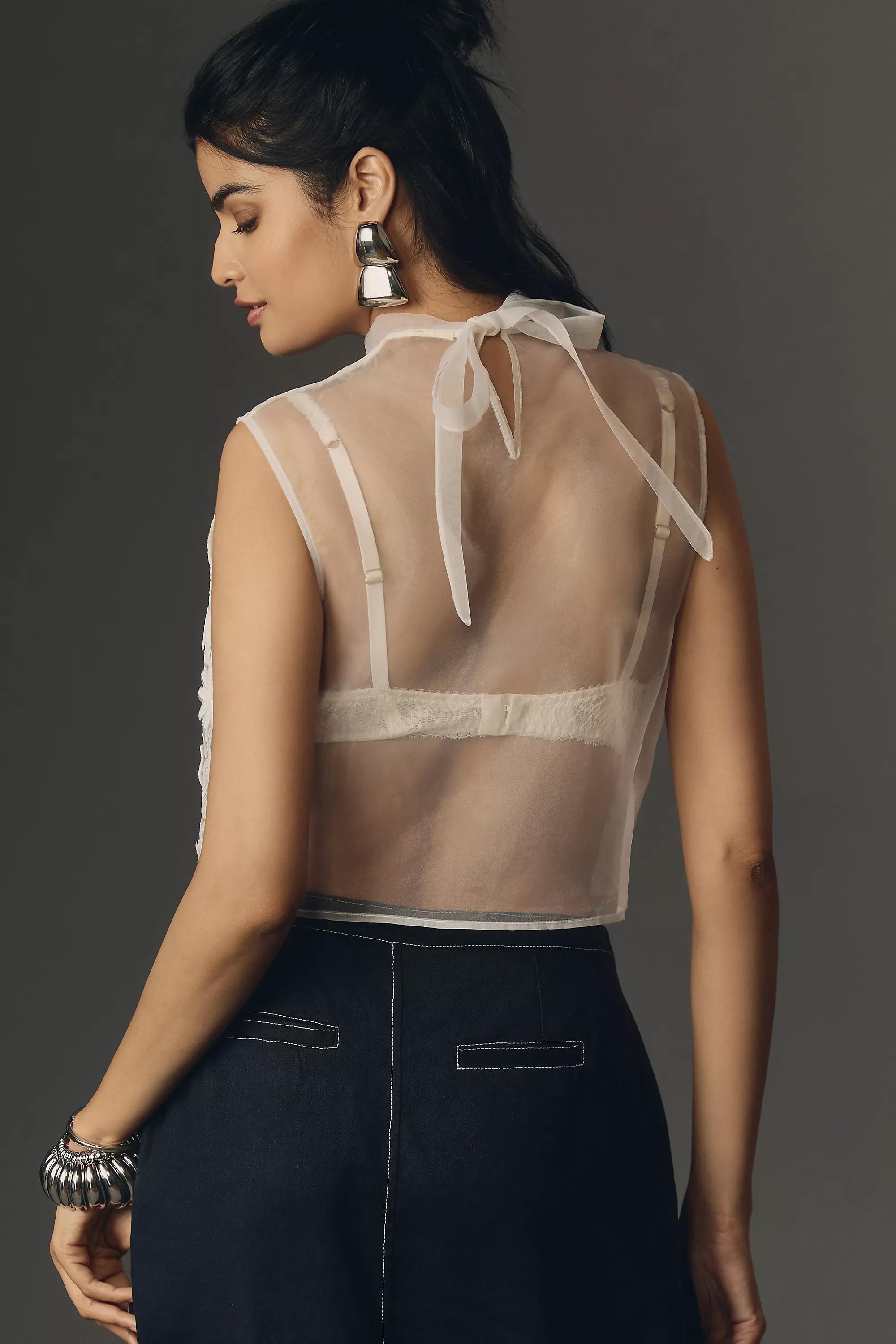 Maeve Sleeveless Sheer Floral Lace Crop Top, White, , large image number 1