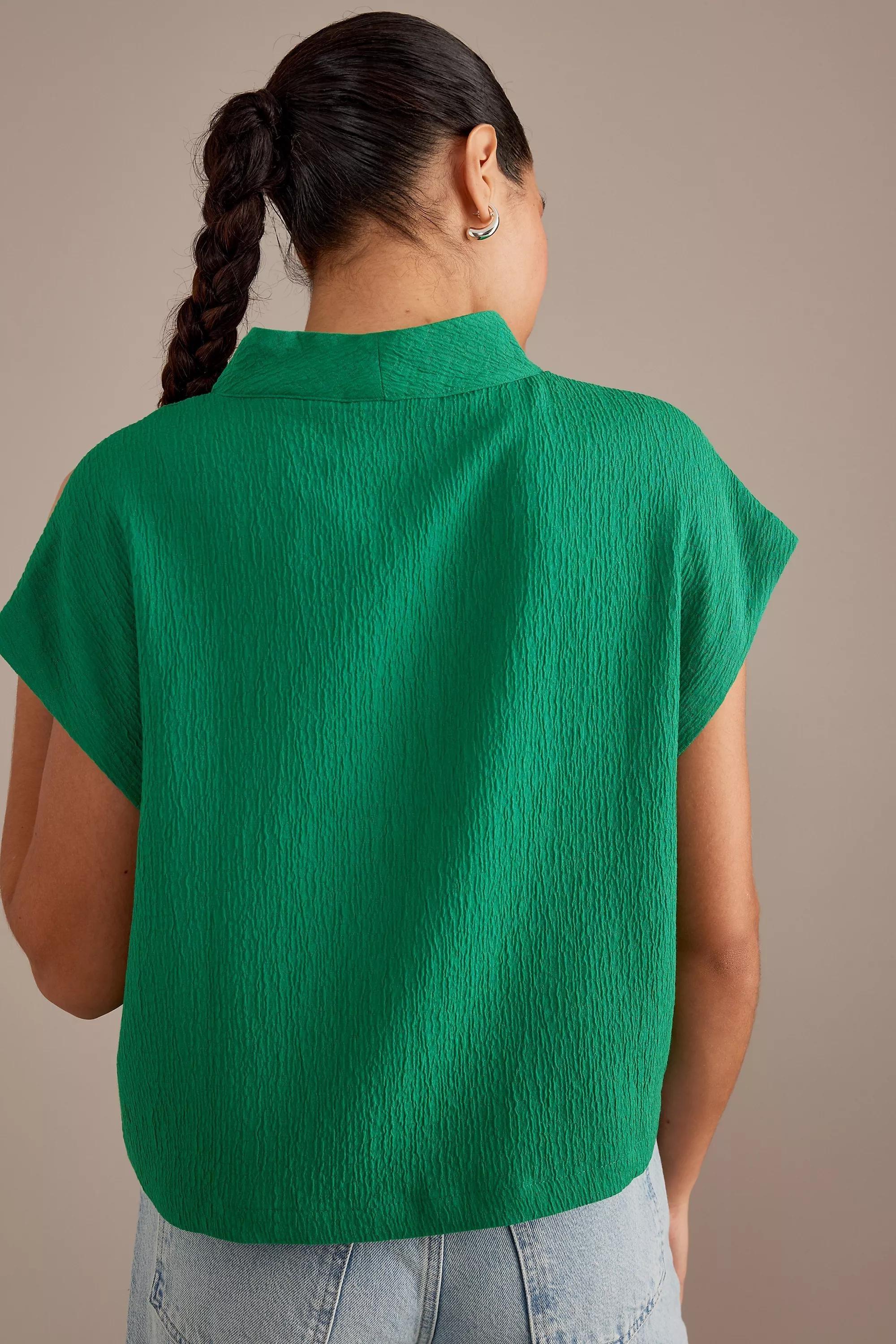 Anthropologie - Maeve Textured Cap-Sleeve Blouse, Green