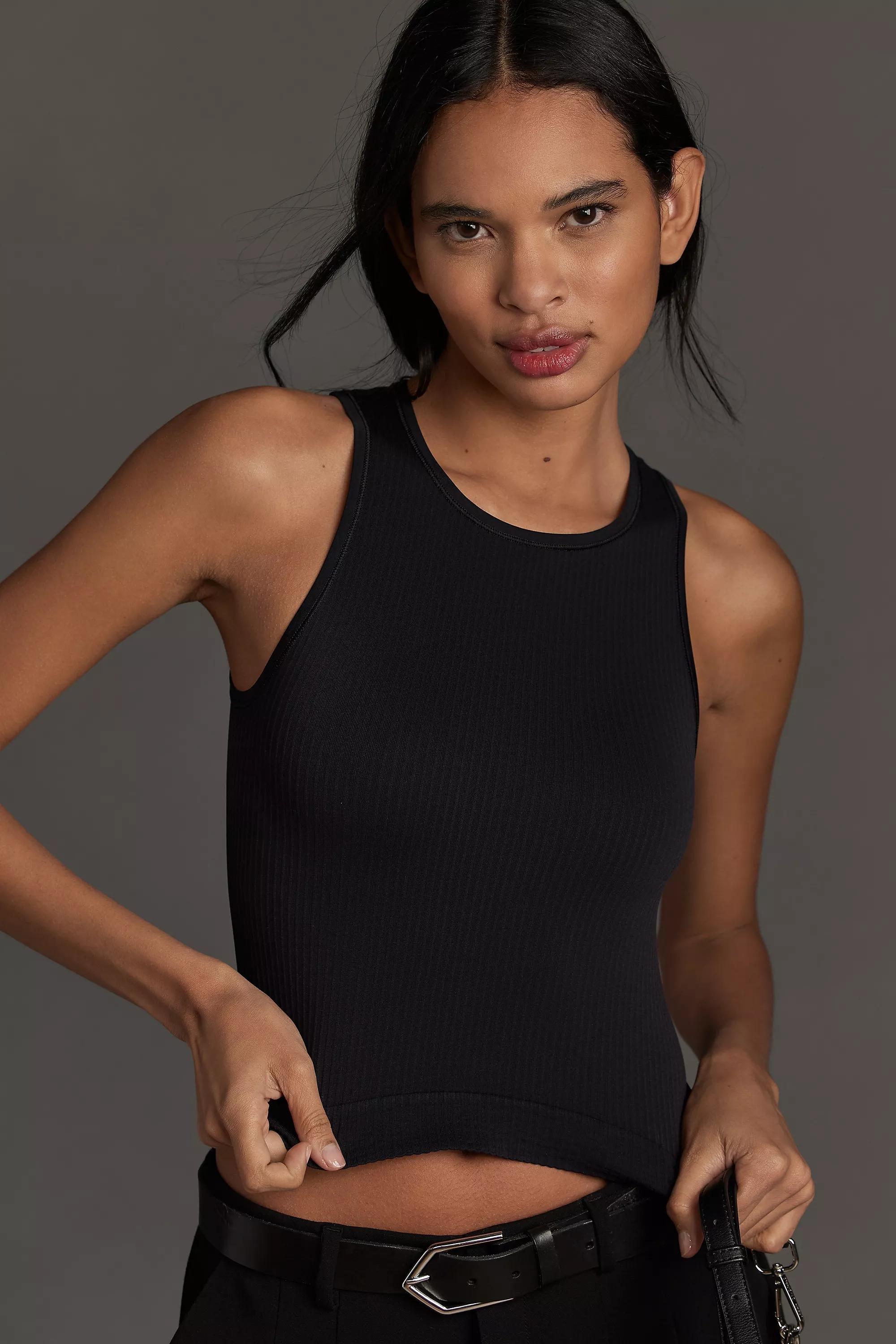 By Anthropologie Seamless Ribbed Cropped Tank Top, Black, , medium