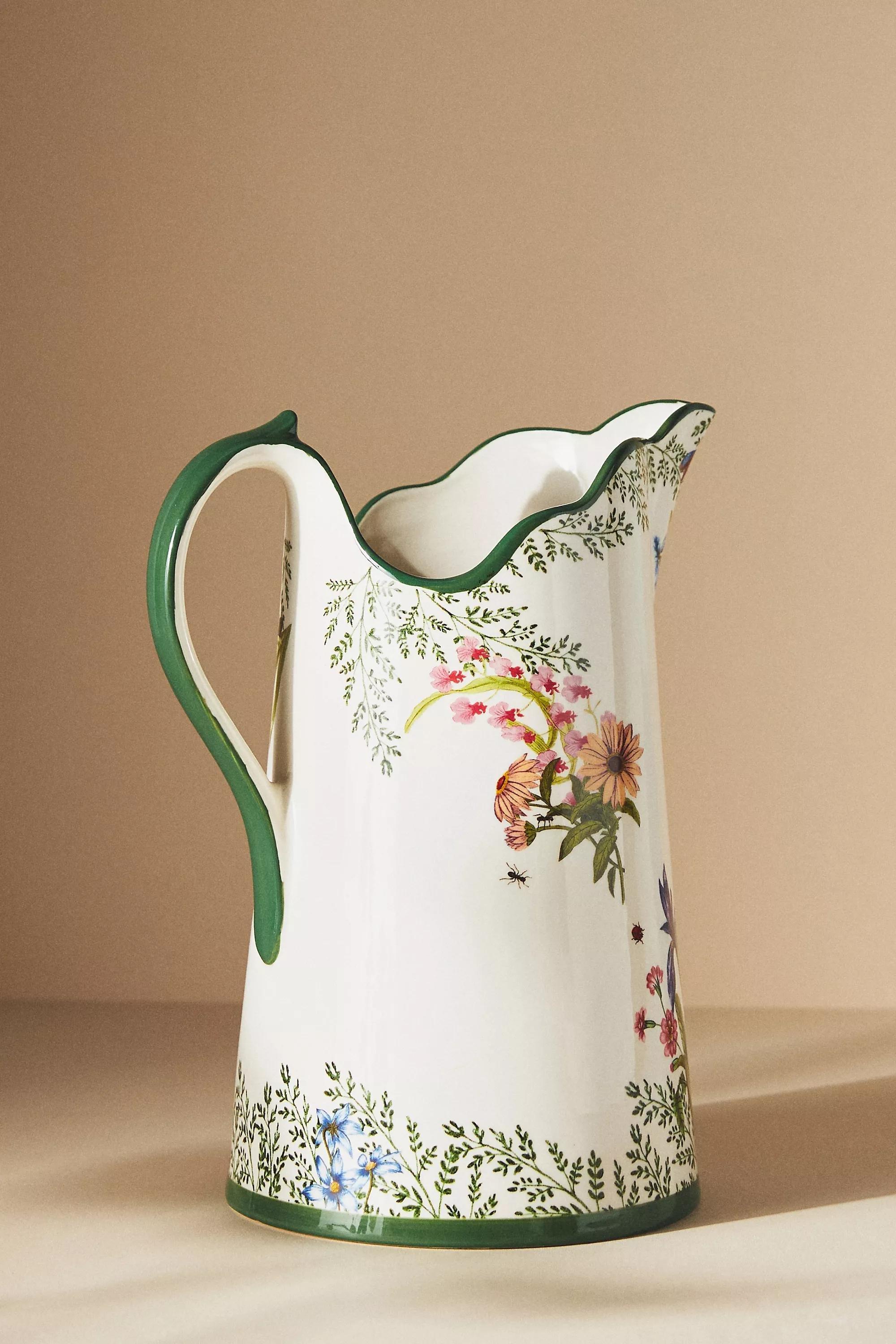 Eden Floral Scalloped Ceramic Jug, Green, A501_0038, large image number 0