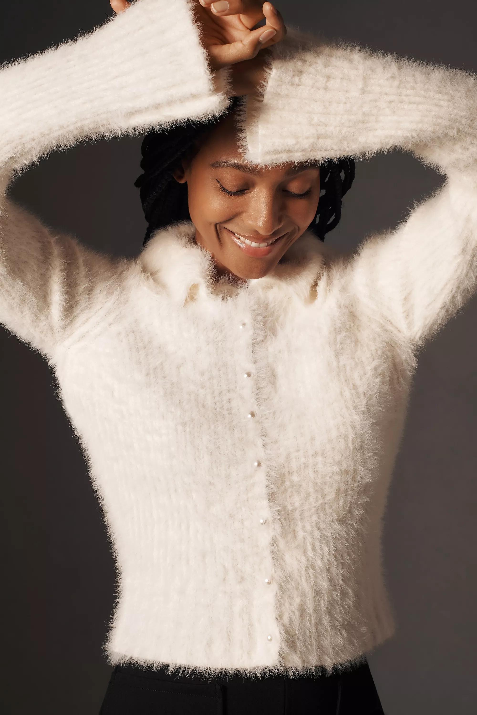 Pearl Button Fuzzy Collared Cardigan, Cream, , large image number 0