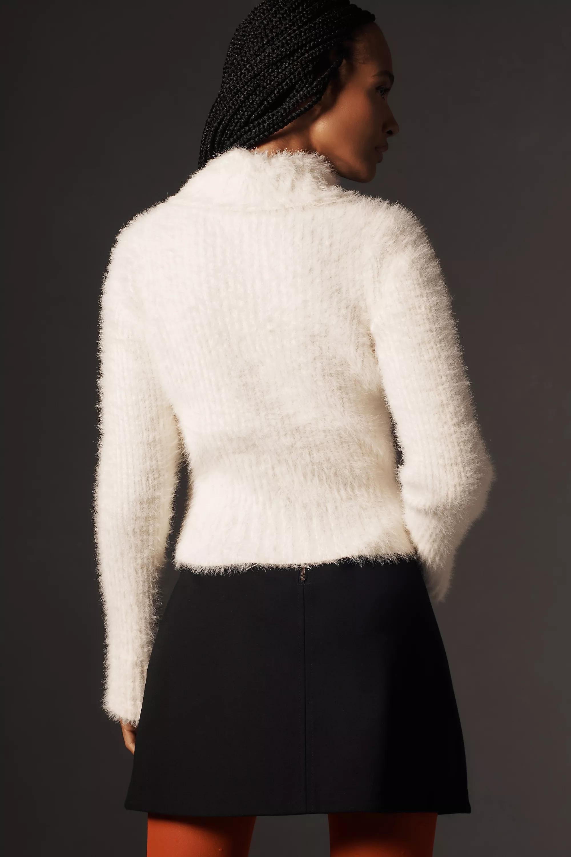Pearl Button Fuzzy Collared Cardigan, Cream, , large image number 4