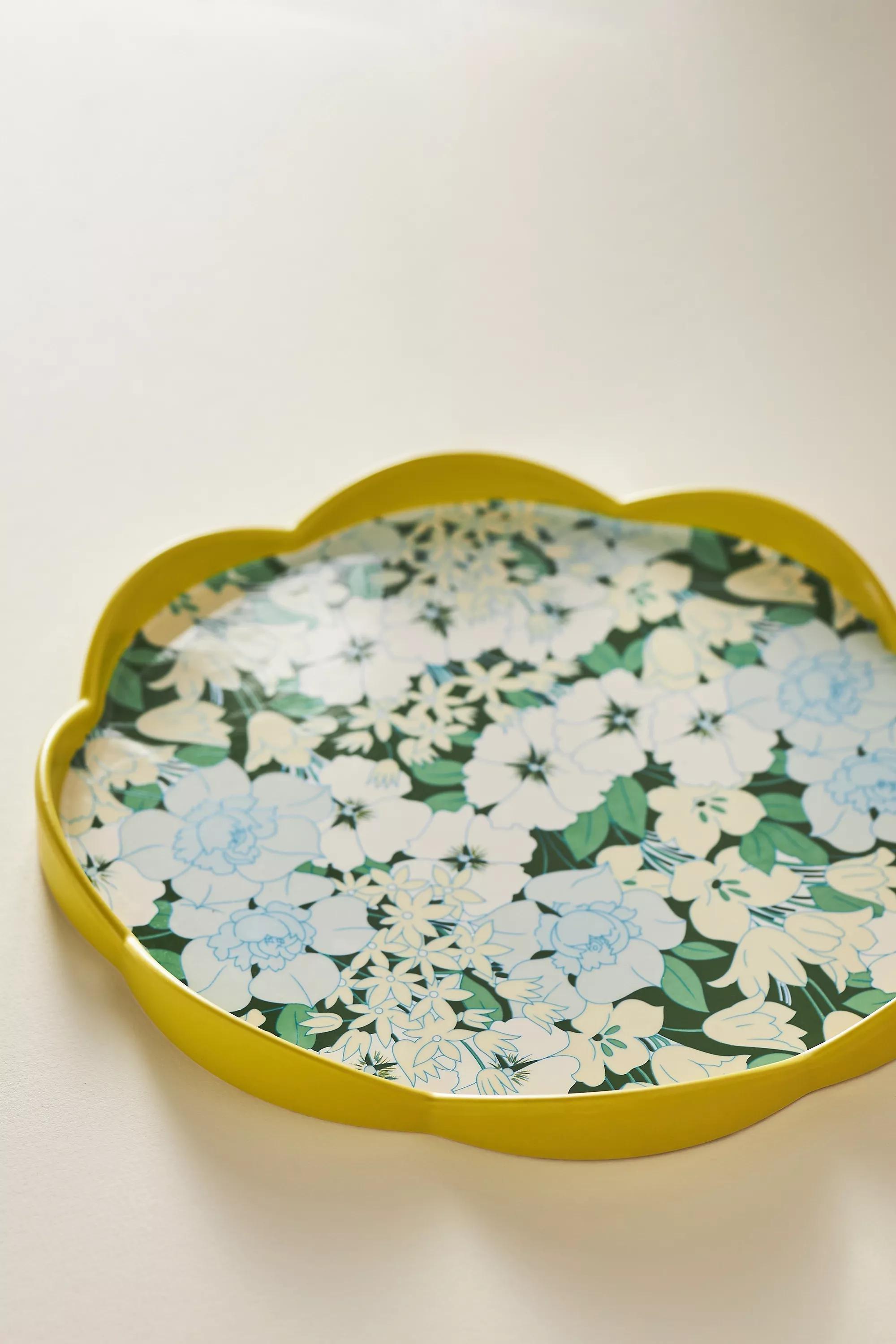 Lyla Floral Scalloped Round Serving Tray, Blue, A501_0049, large image number 0