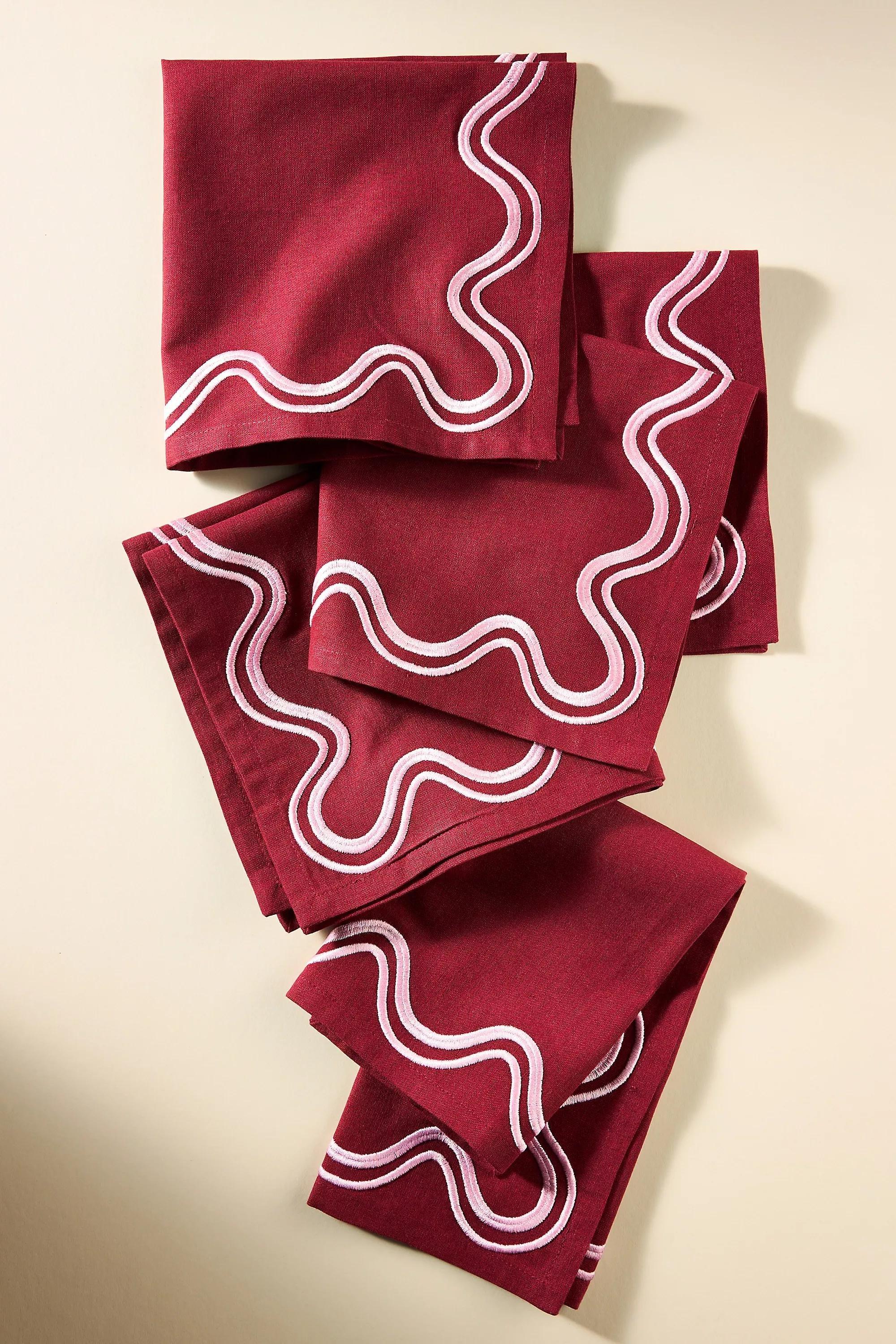 By Madeline Embroidered Cotton Napkins, Set Of 4, Red, A501_0061, large image number 0