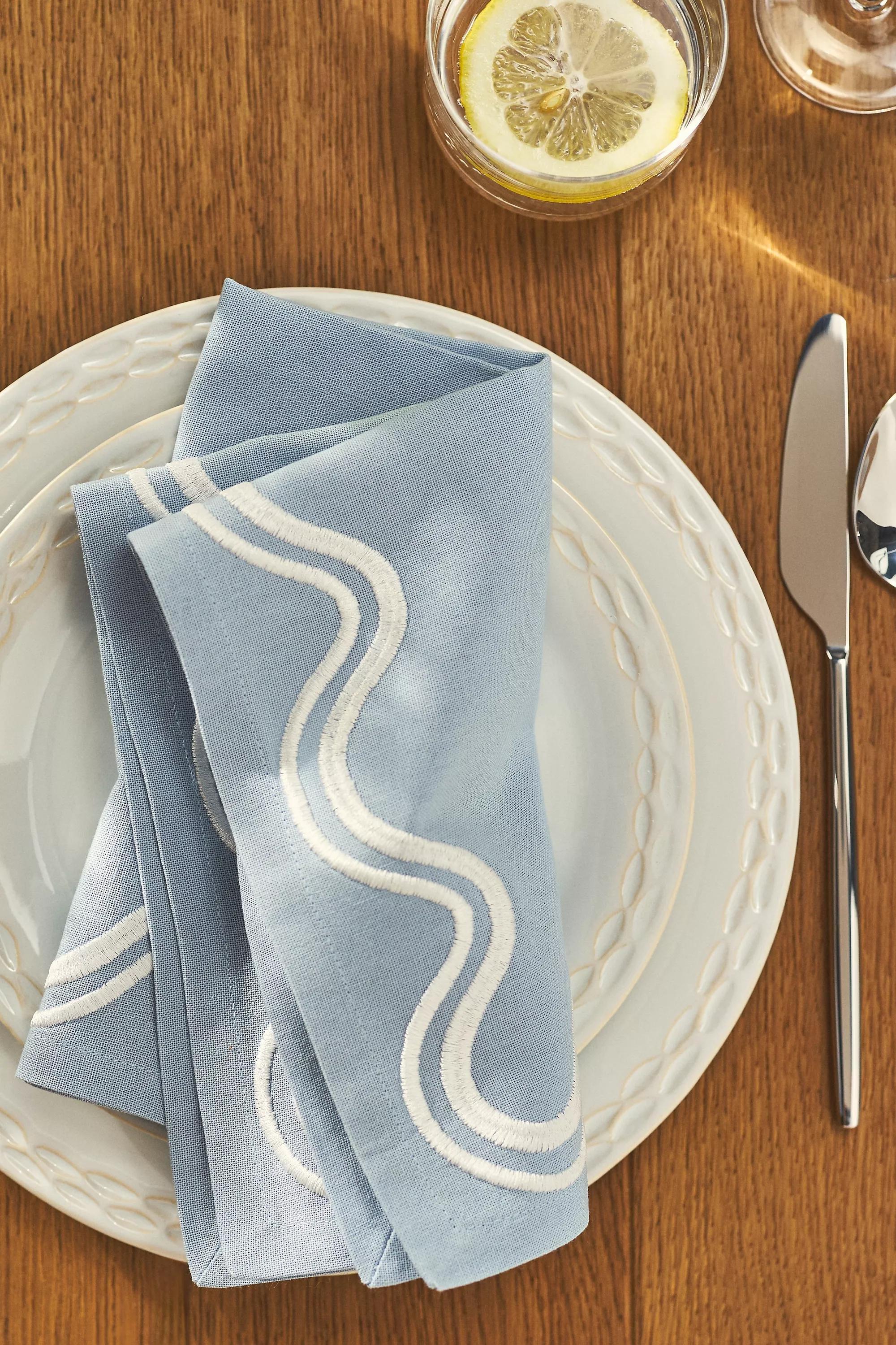Madeline Embroidered Cotton Napkins, Set Of 4, Blue, A501_0092, large image number 1