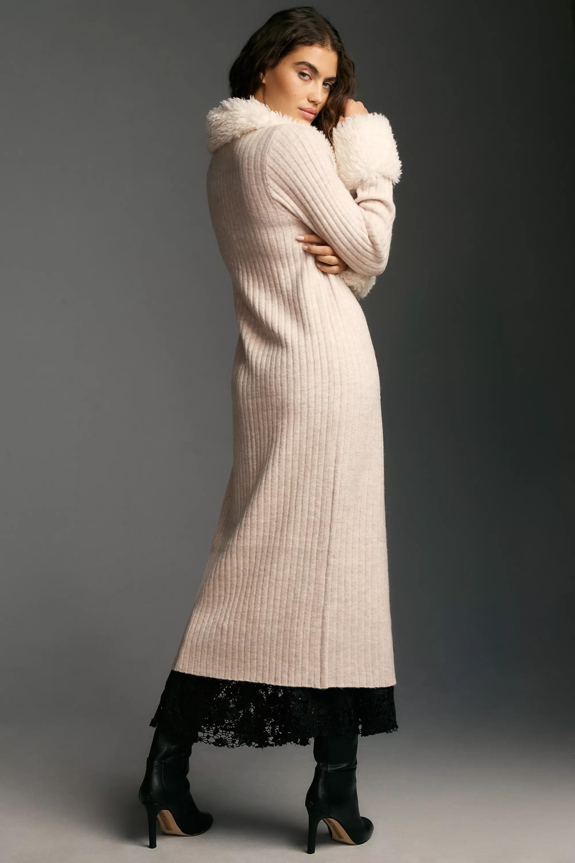 Flat White Faux Fur-Trim Long Cardigan, White, A501_0014, large image number 2