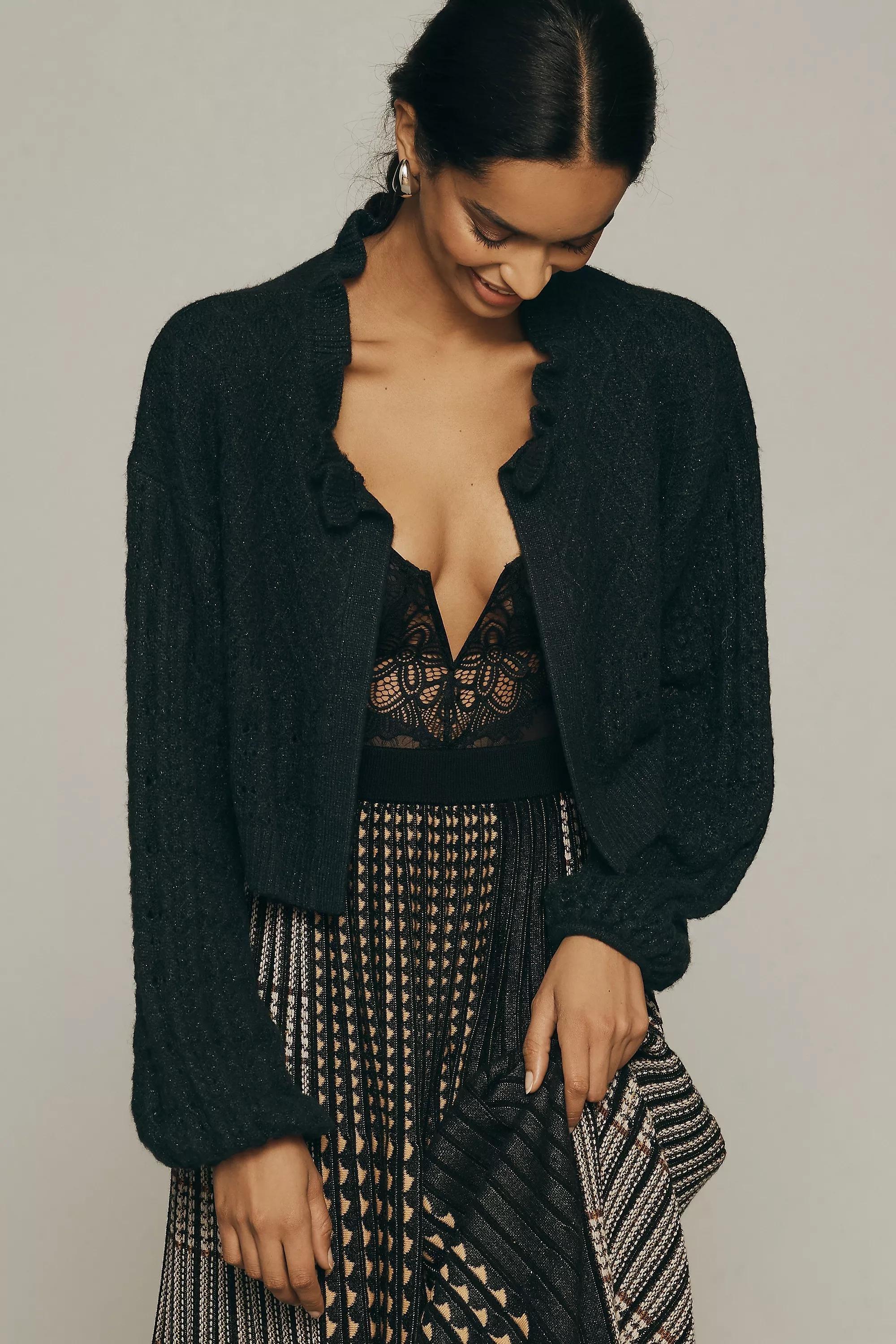 Flat White Cropped Cable Knit Cardigan, Black, A501_0001, large image number 0