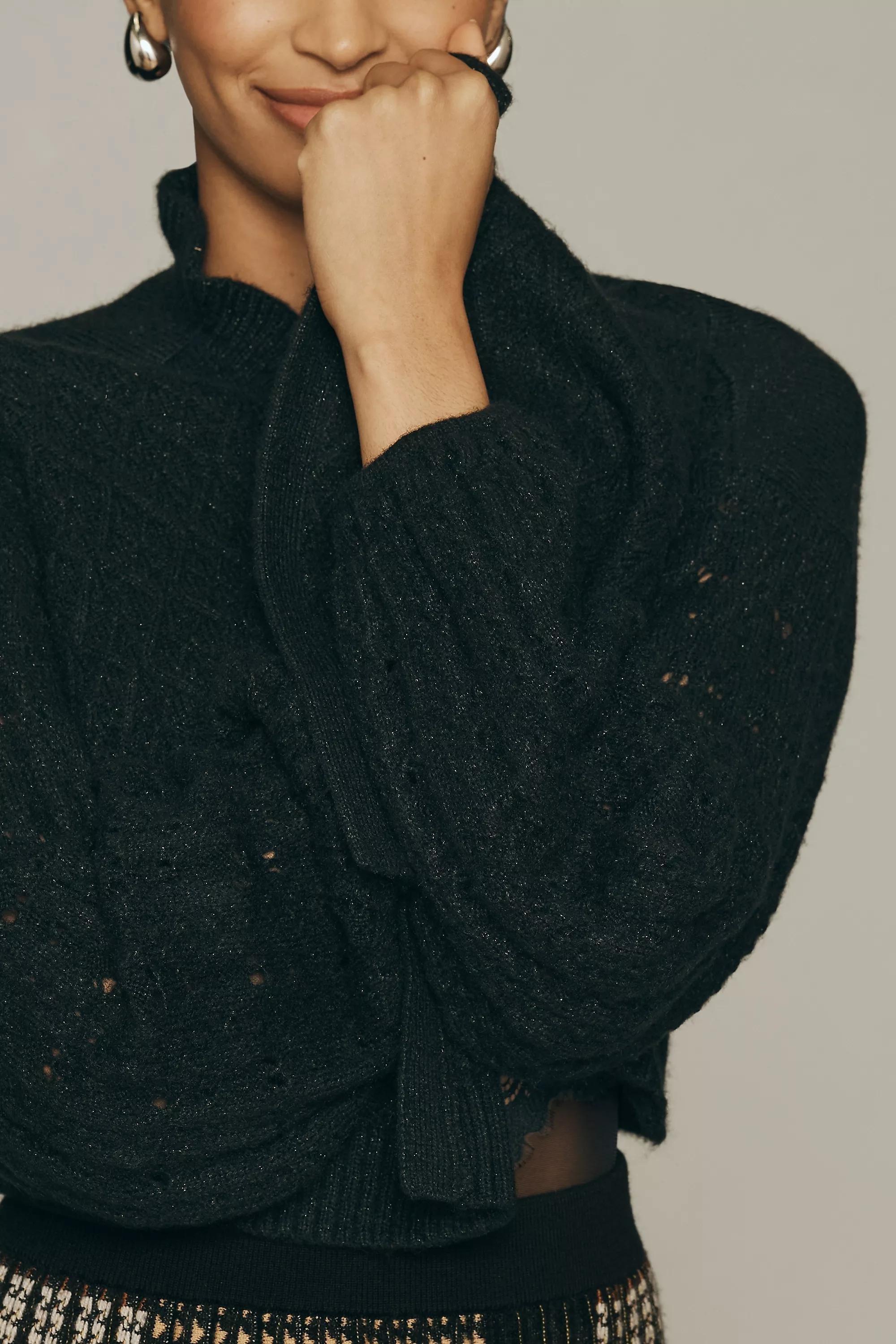 Flat White Cropped Cable Knit Cardigan, Black, A501_0001, large image number 1