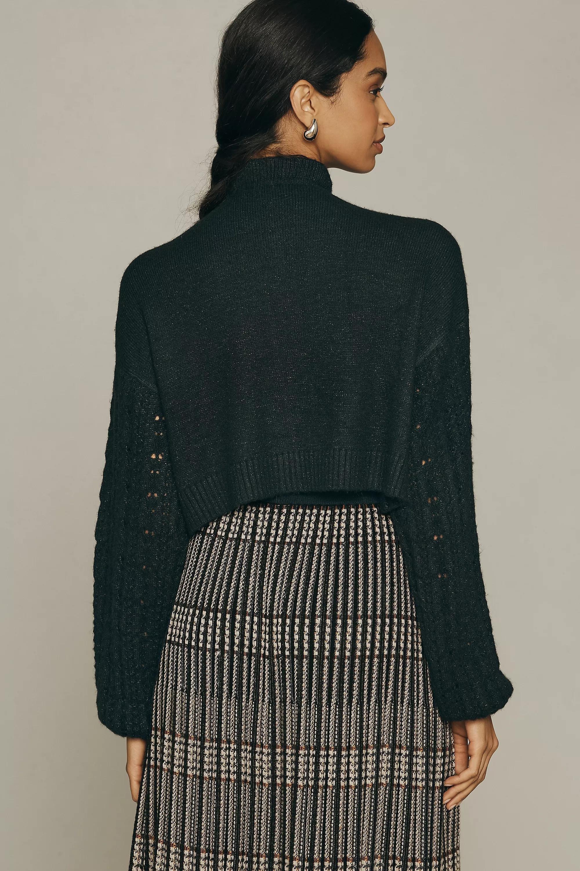 Flat White Cropped Cable Knit Cardigan, Black, A501_0001, large image number 2