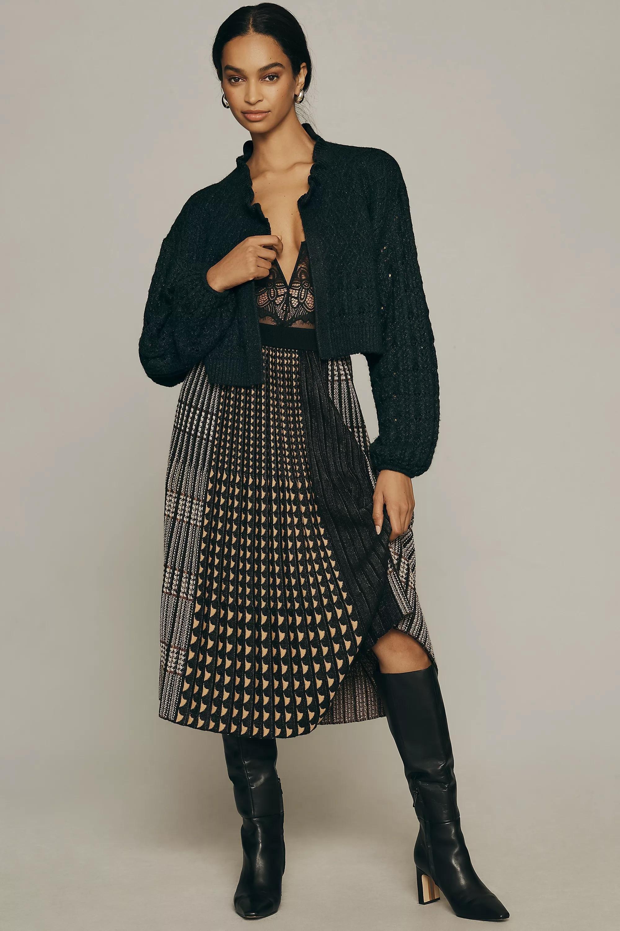 Flat White Cropped Cable Knit Cardigan, Black, A501_0001, large image number 3