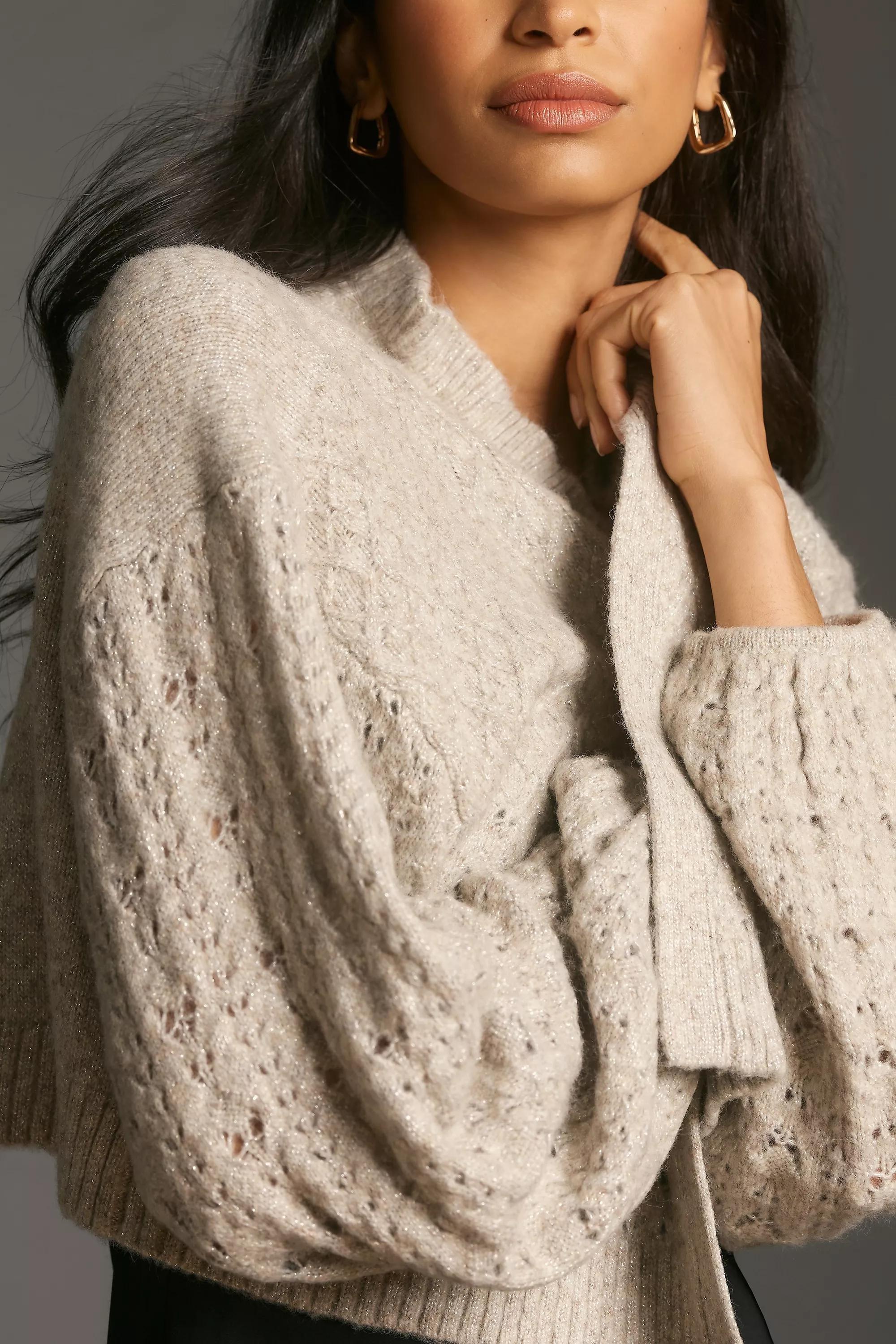 Flat White Cropped Cable Knit Cardigan, Grey, A501_0004, large image number 1