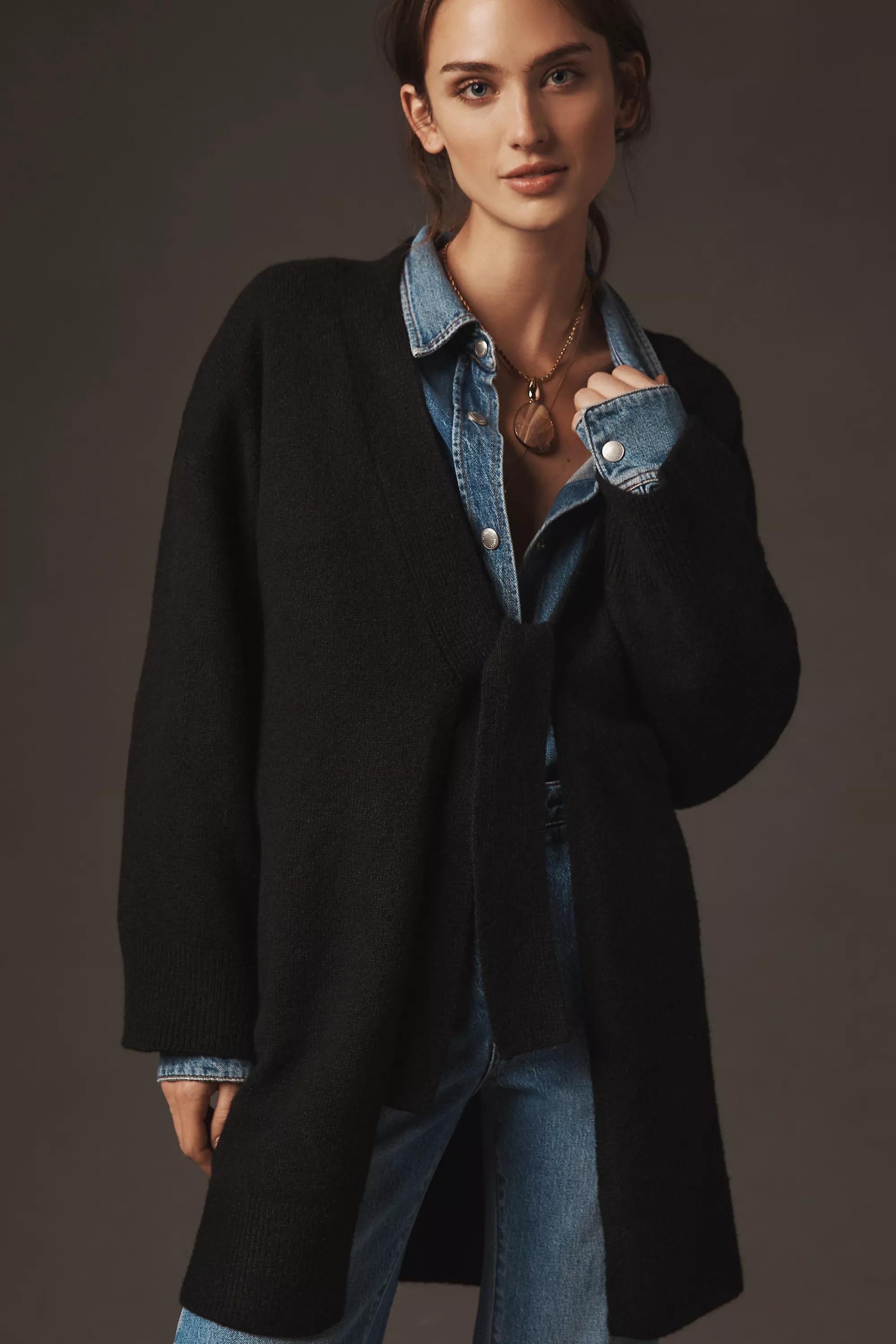 Flat White Tie-Front Longline Cardigan, Black, A501_0001, large image number 2