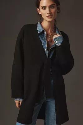 Flat White Tie-Front Longline Cardigan, Black, A501_0001, large image number 4