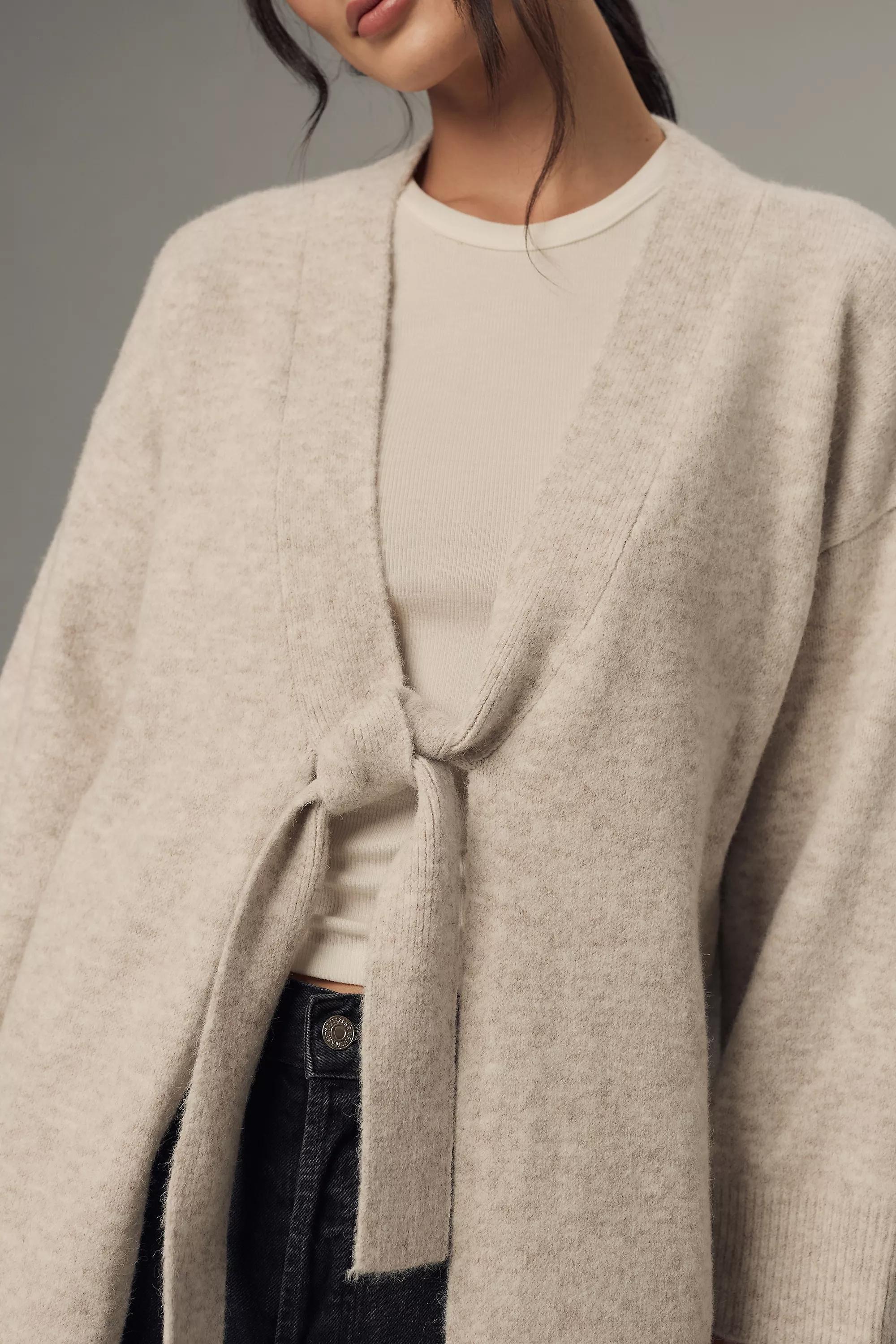 Flat White Tie-Front Longline Cardigan, Cream, A501_0012, large image number 1