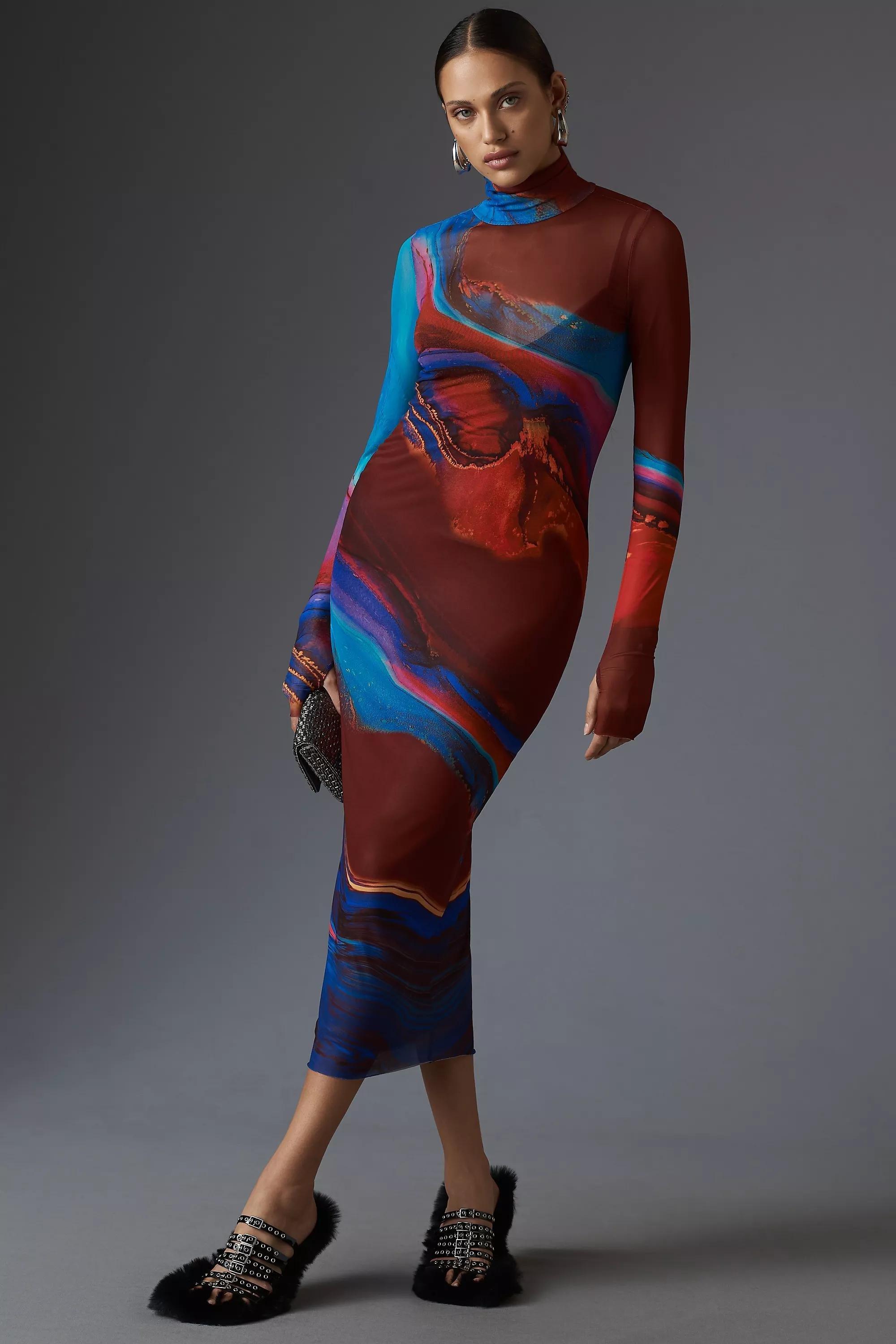 Afrm Mock-Neck Printed Midi Dress, Multicolour, , large image number 0