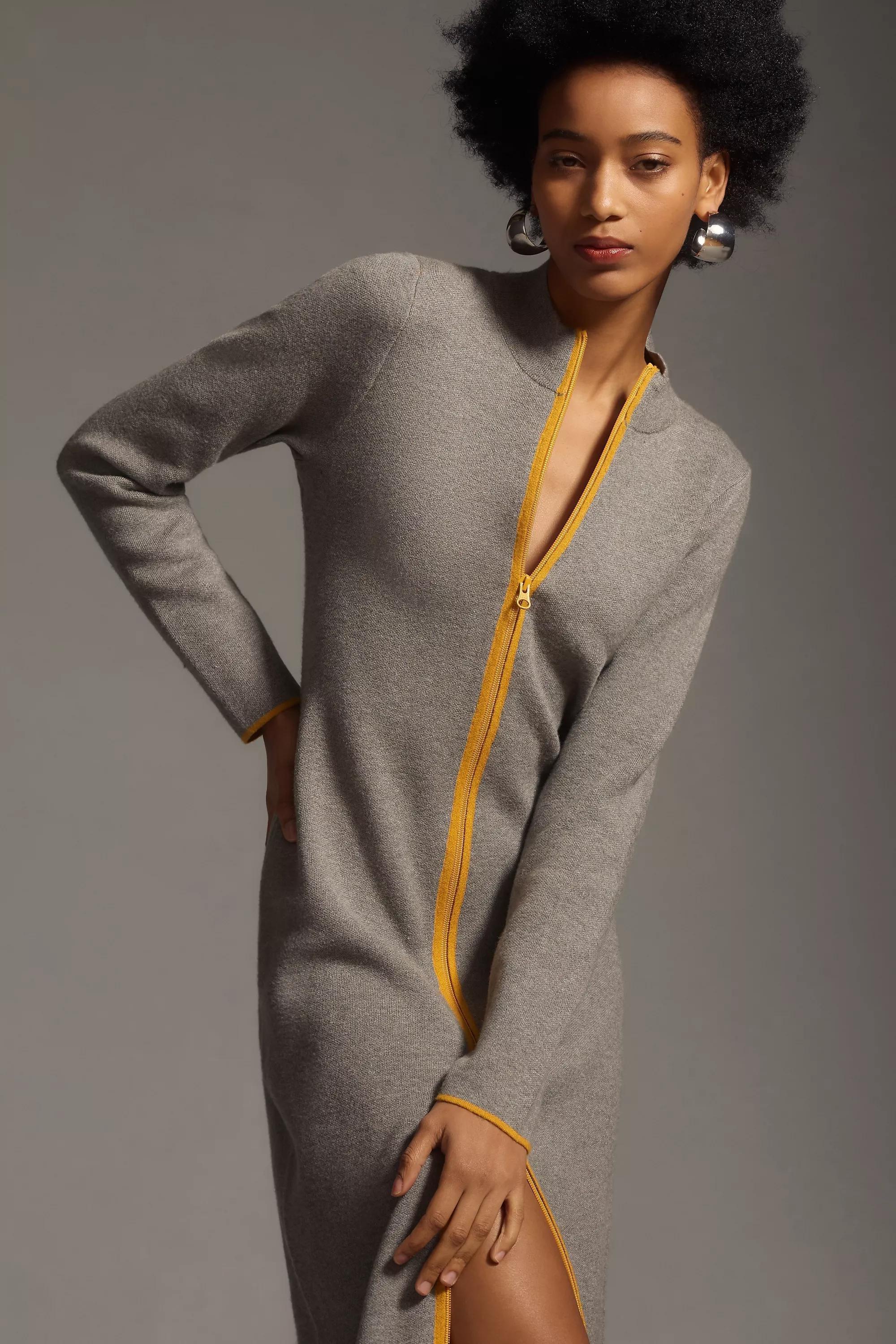 Maeve Half-Zip Long-Sleeve Midi Jumper Dress, Grey, , large image number 0
