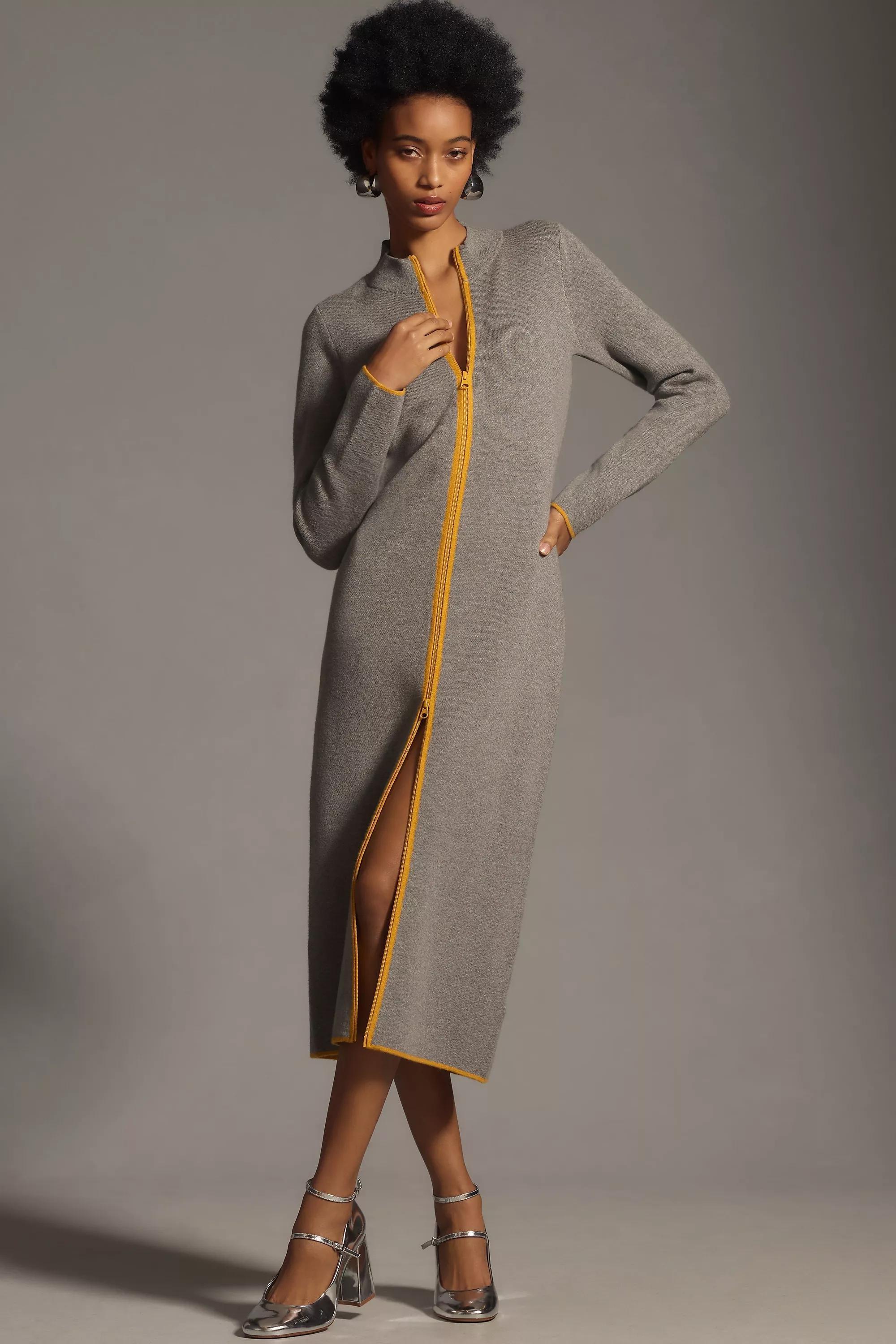 Maeve Half-Zip Long-Sleeve Midi Jumper Dress, Grey, , large image number 2