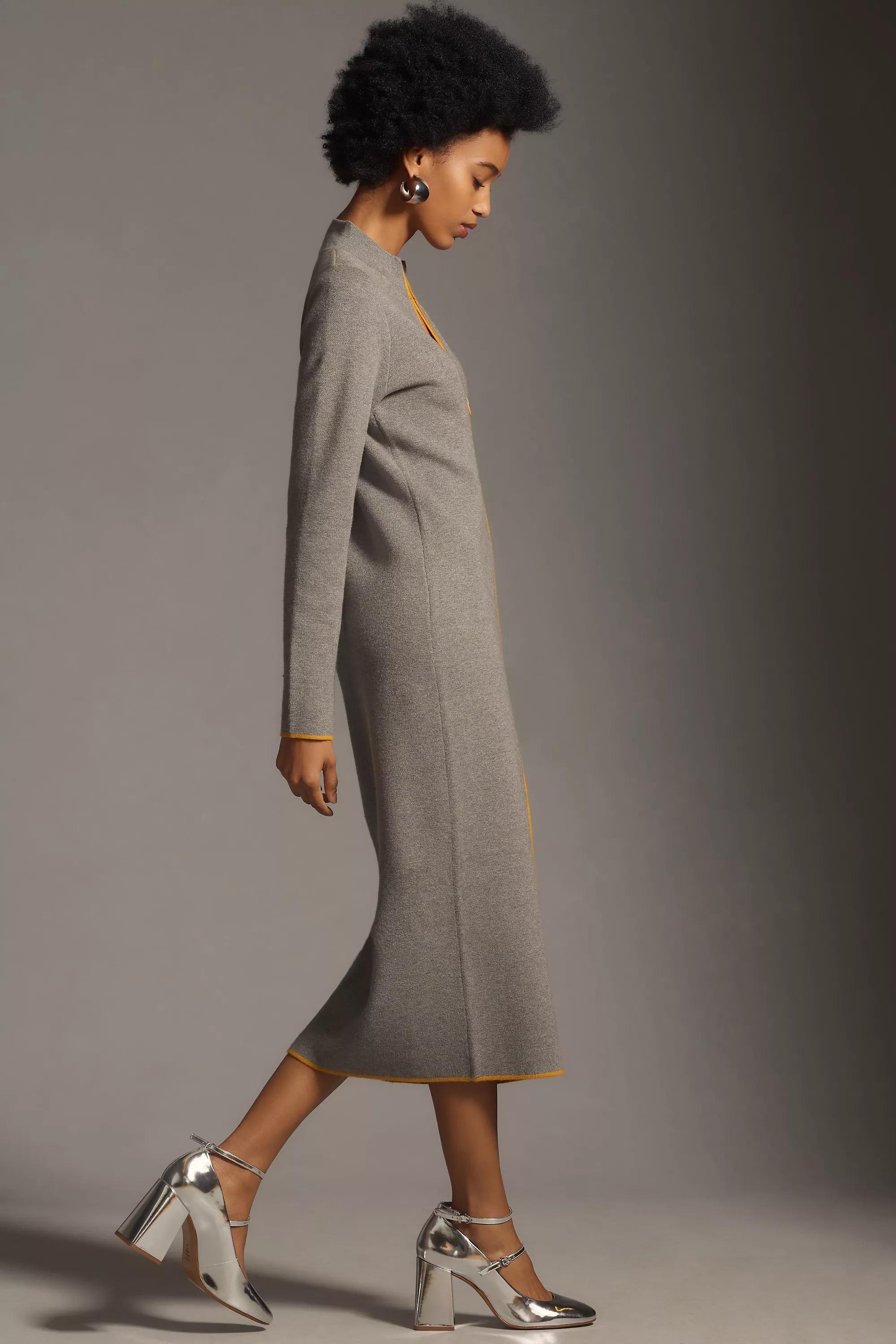 Maeve Half-Zip Long-Sleeve Midi Jumper Dress, Grey, , large image number 3