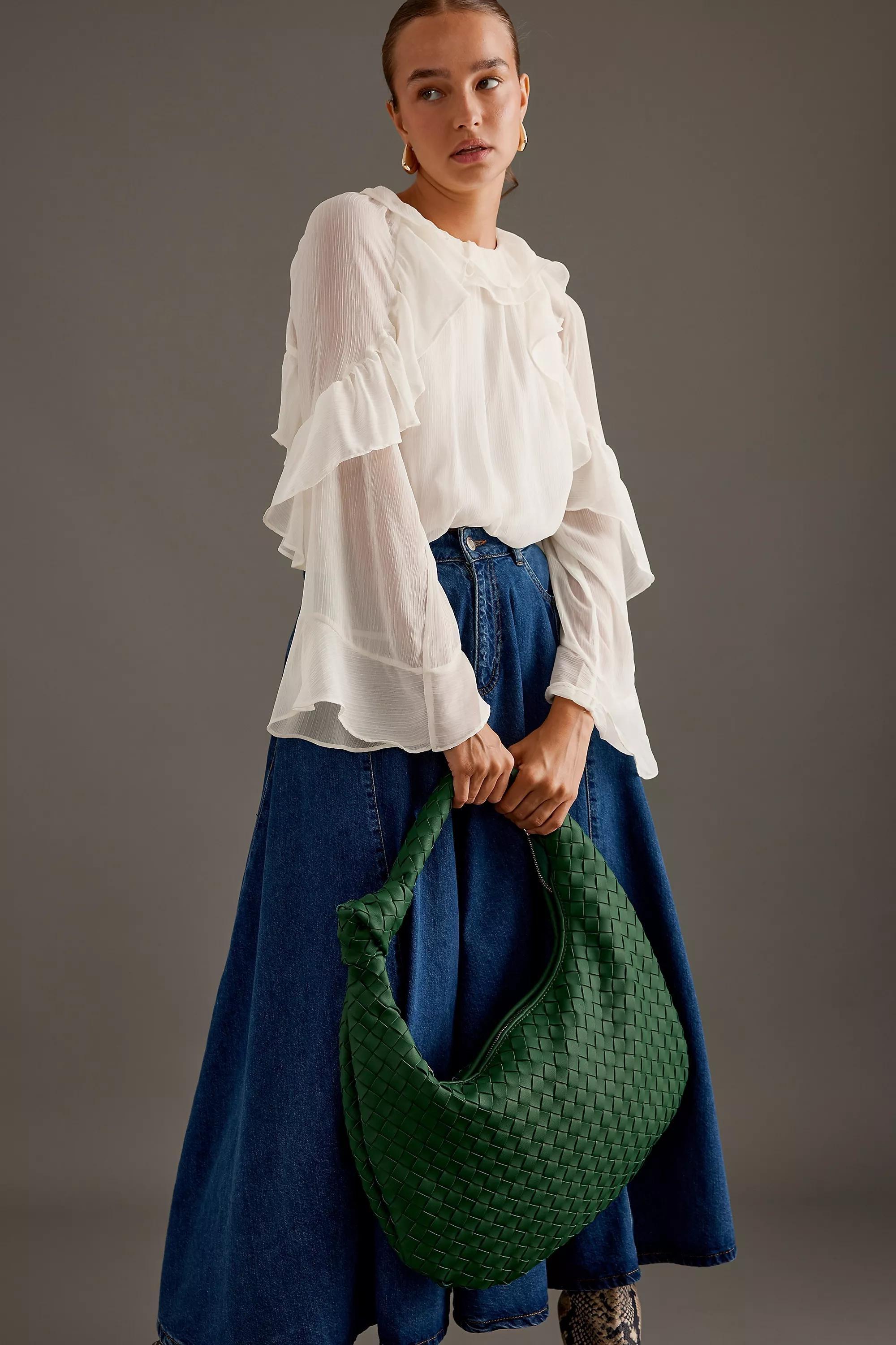 The Brigitte Woven Faux-Leather Shoulder Bag By Melie Bianco: Oversized Edition, Green, A501_0030, large image number 0