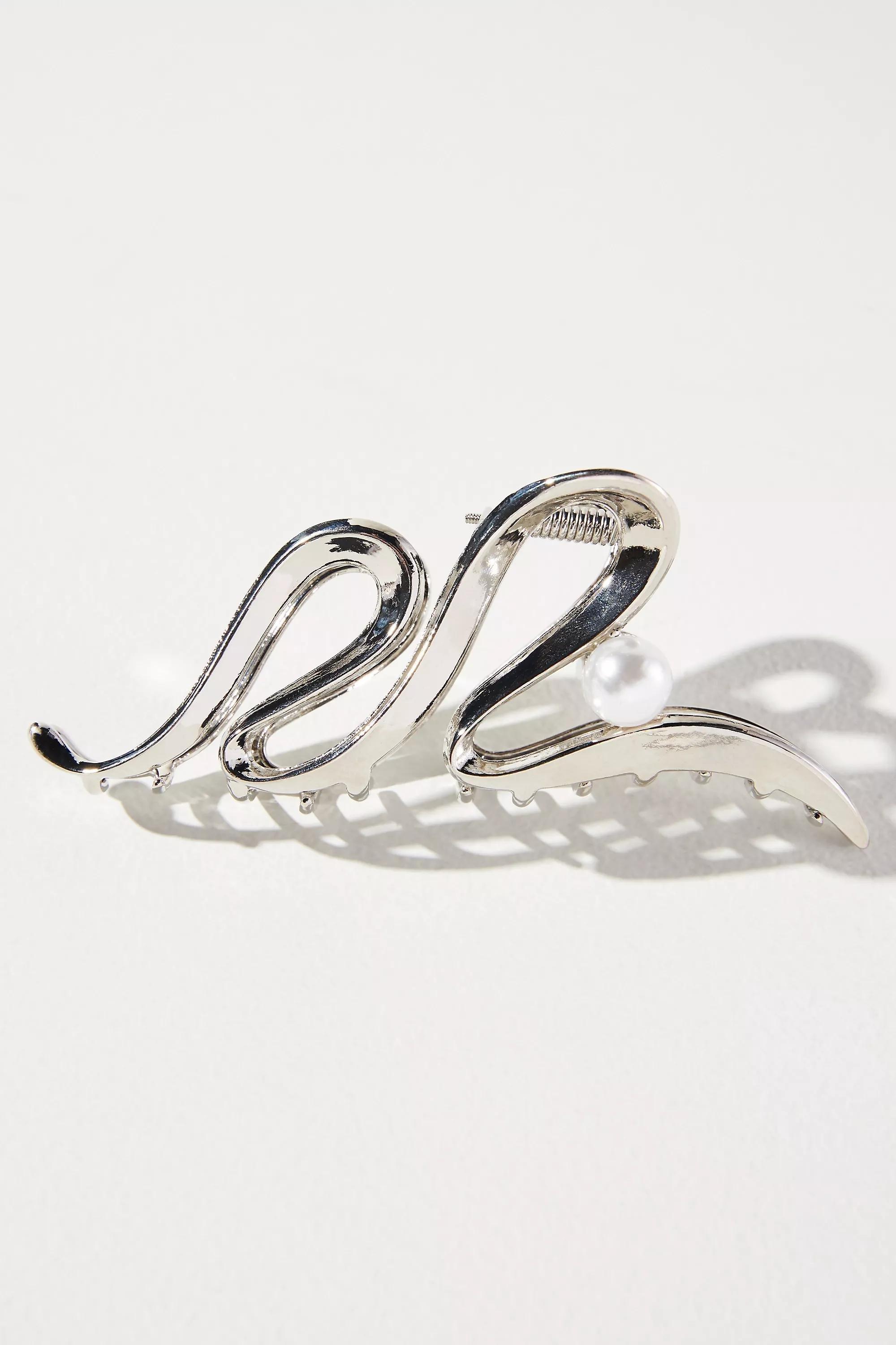 Metal Squiggle Pearl Hair Claw Clip, Silver, A501_0007, large image number 1