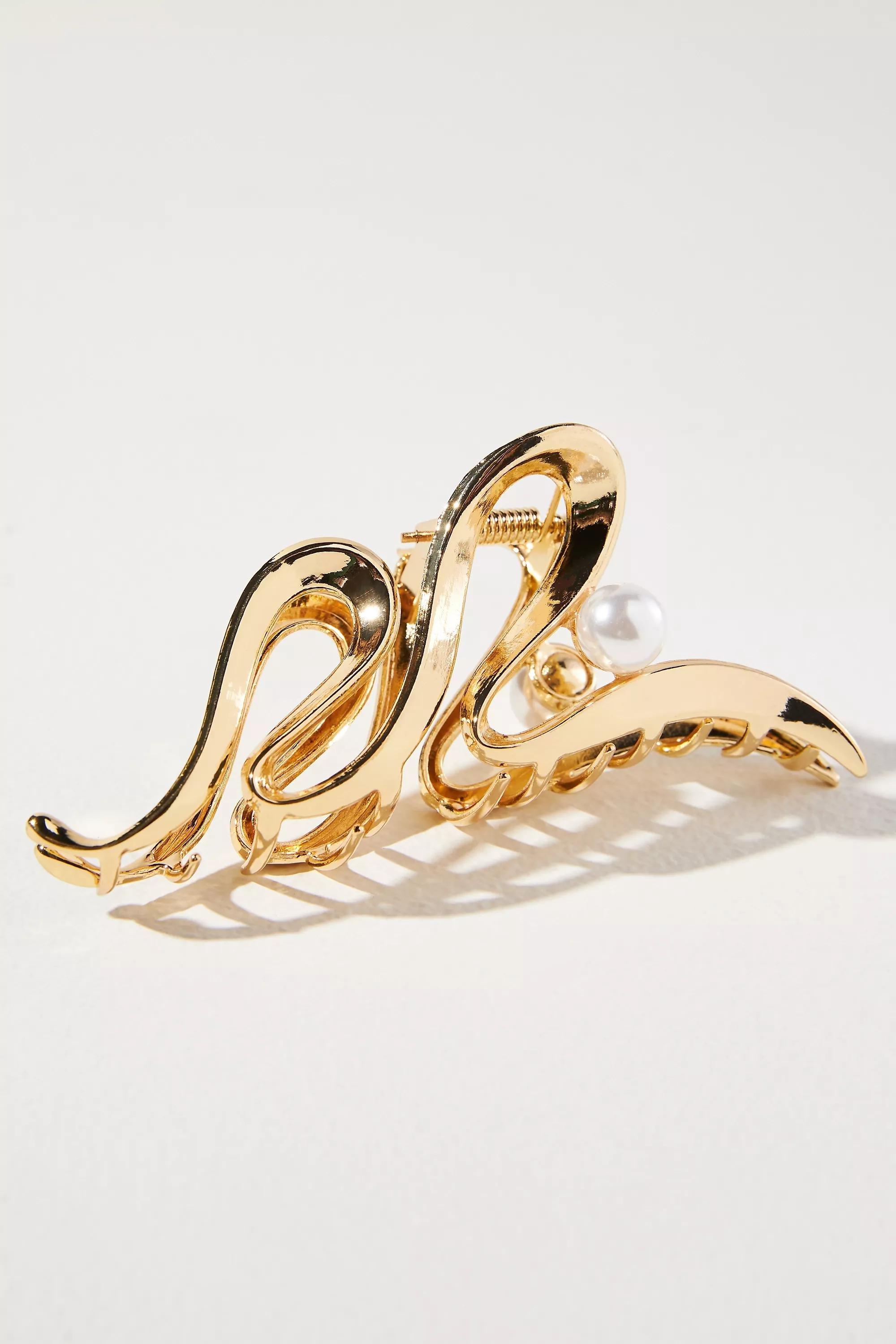 Metal Squiggle Pearl Hair Claw Clip, Gold, A501_0070, large image number 0