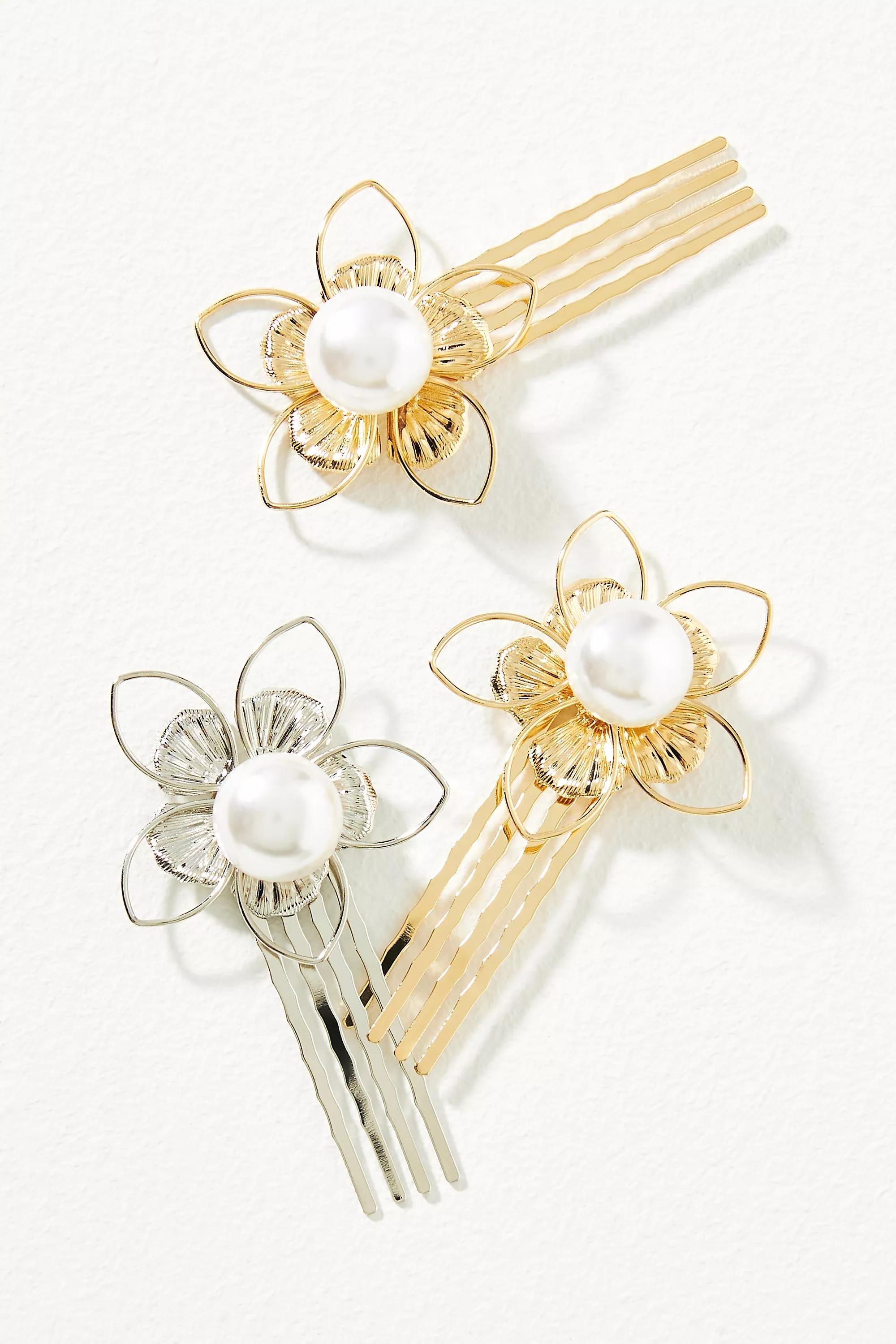 Metal Pearl Flower Comb Hair Pins, Set Of 3, Gold, A501_0070, large image number 1