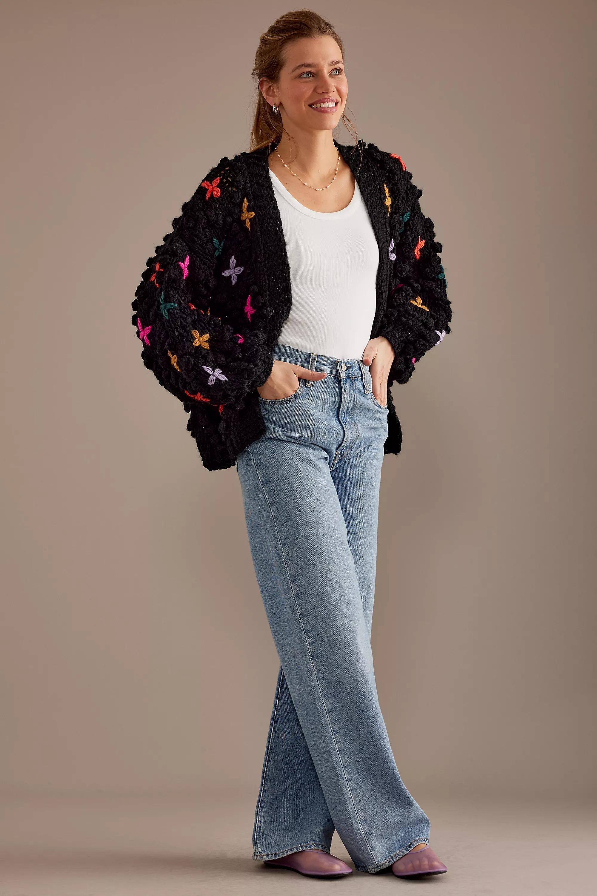 Anthropologie Embroidered Chunky Cardigan, Black, A501_0001, large image number 0