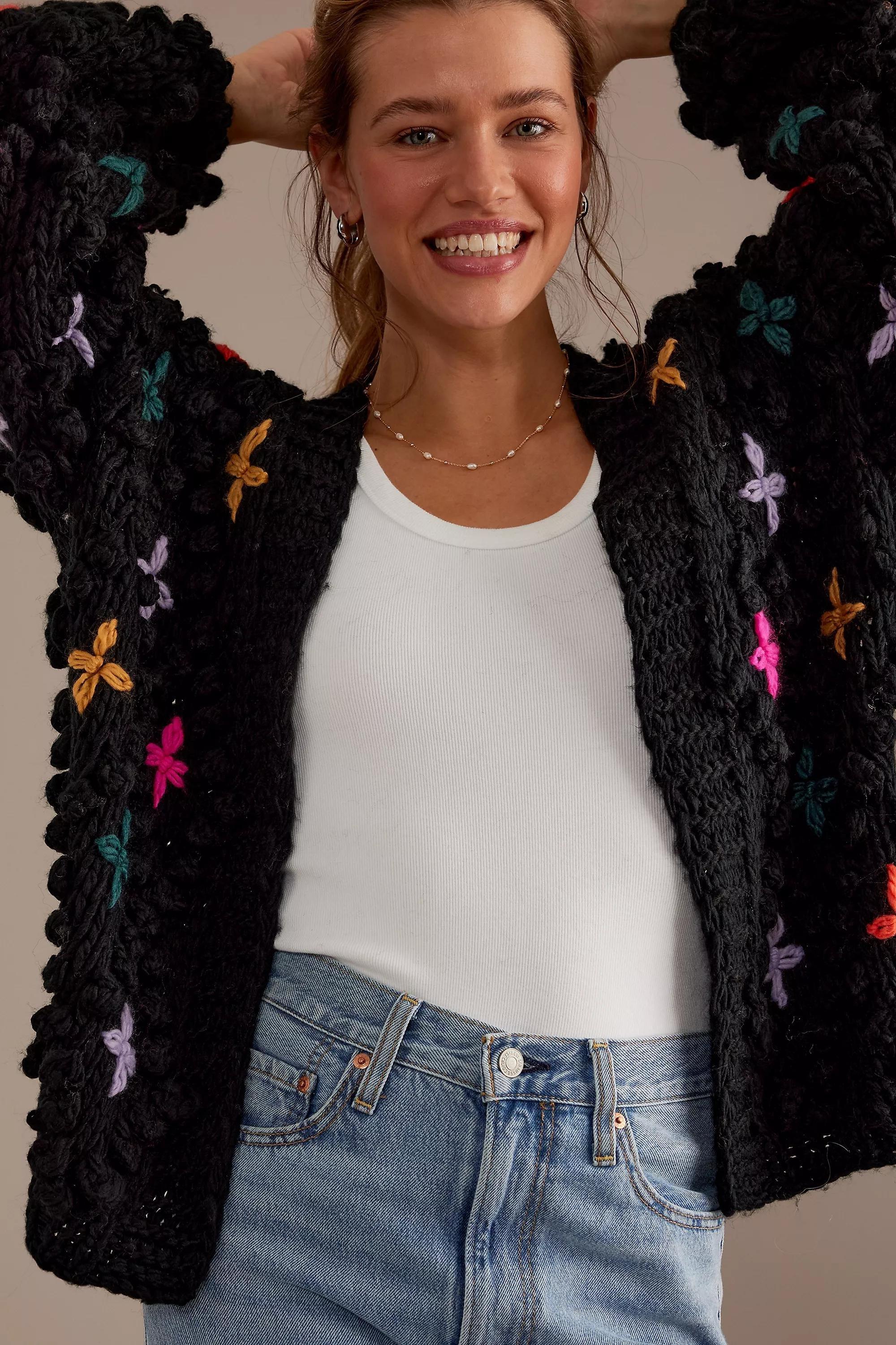 Anthropologie Embroidered Chunky Cardigan, Black, A501_0001, large image number 1