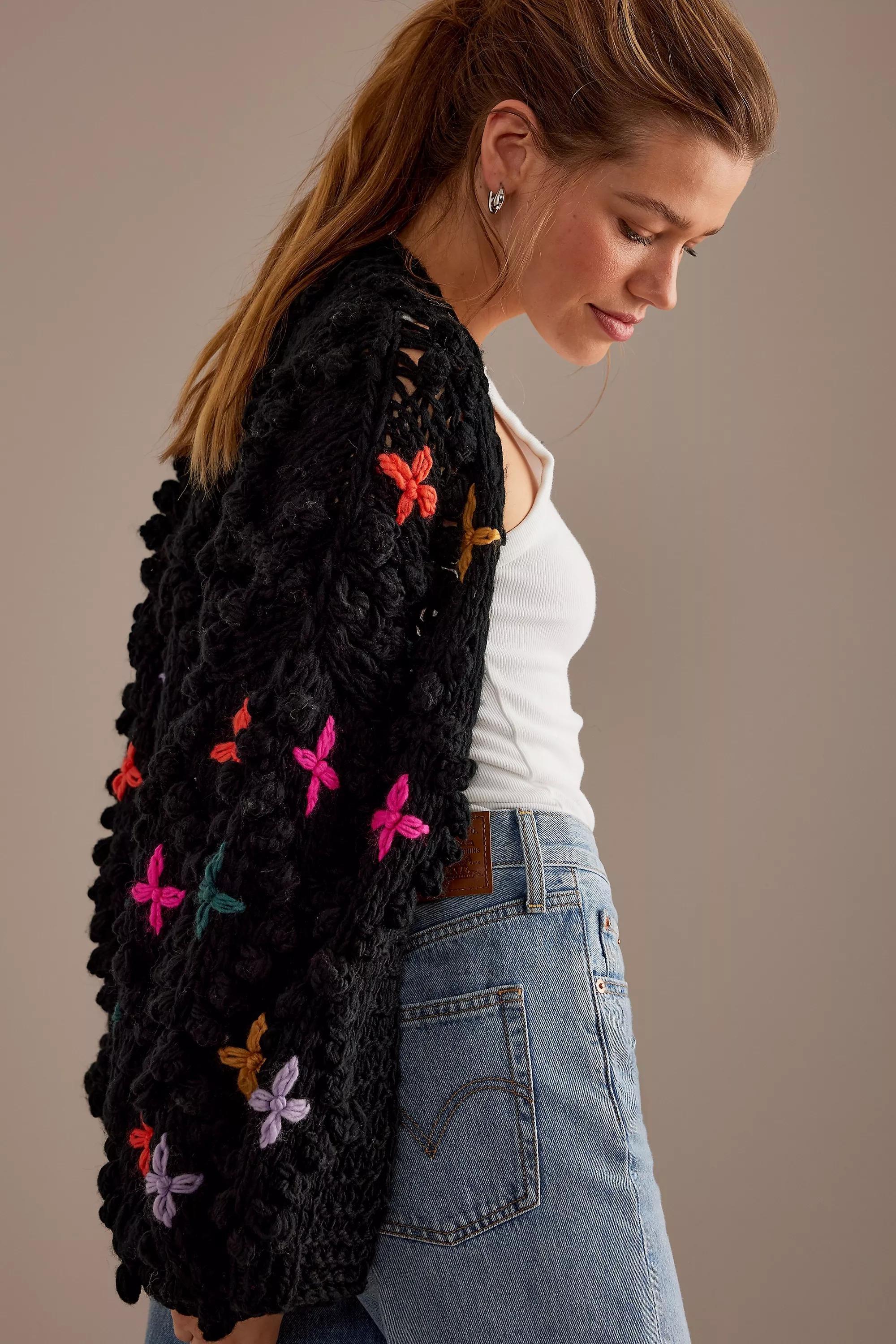 Anthropologie Embroidered Chunky Cardigan, Black, A501_0001, large image number 2
