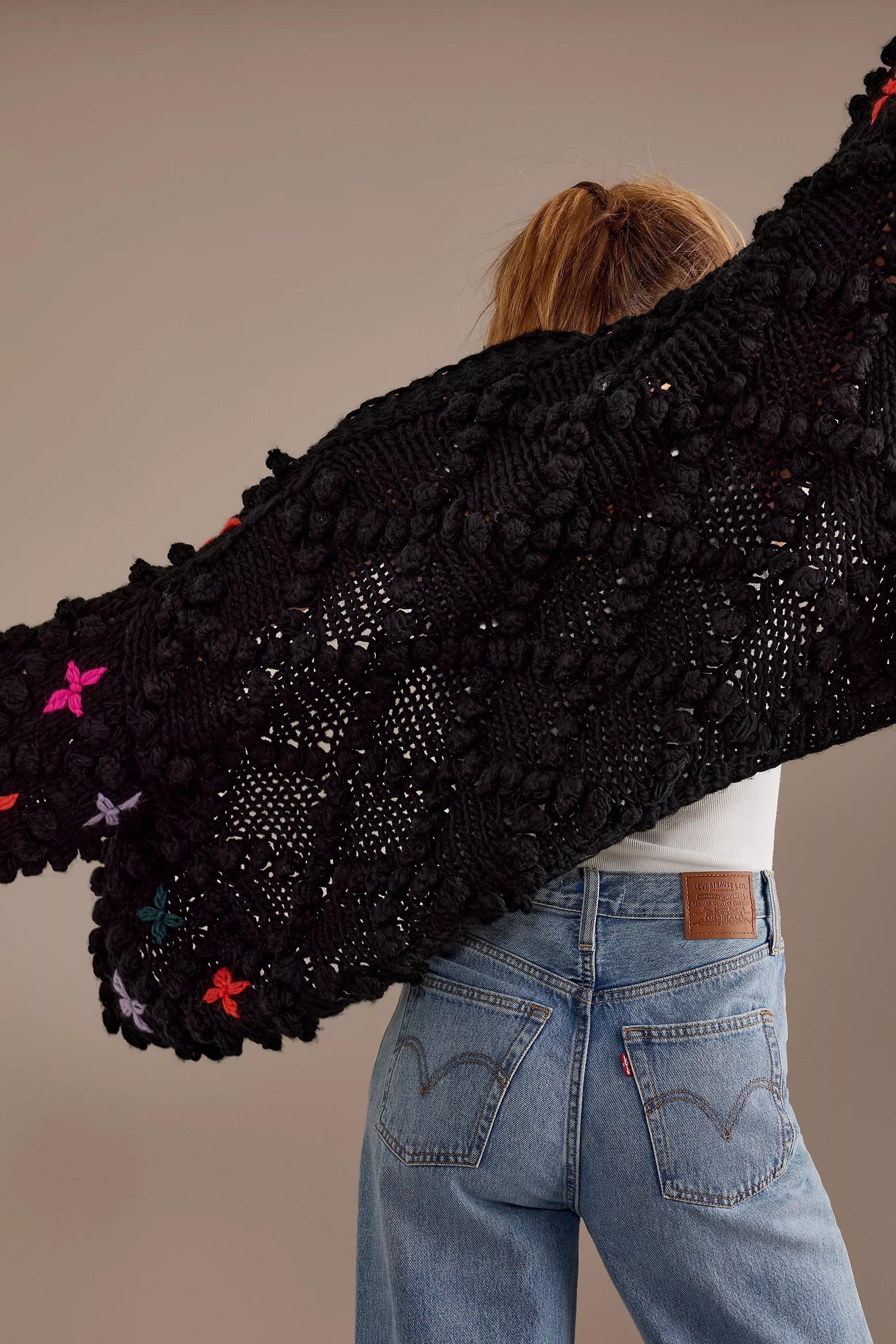Anthropologie Embroidered Chunky Cardigan, Black, A501_0001, large image number 4