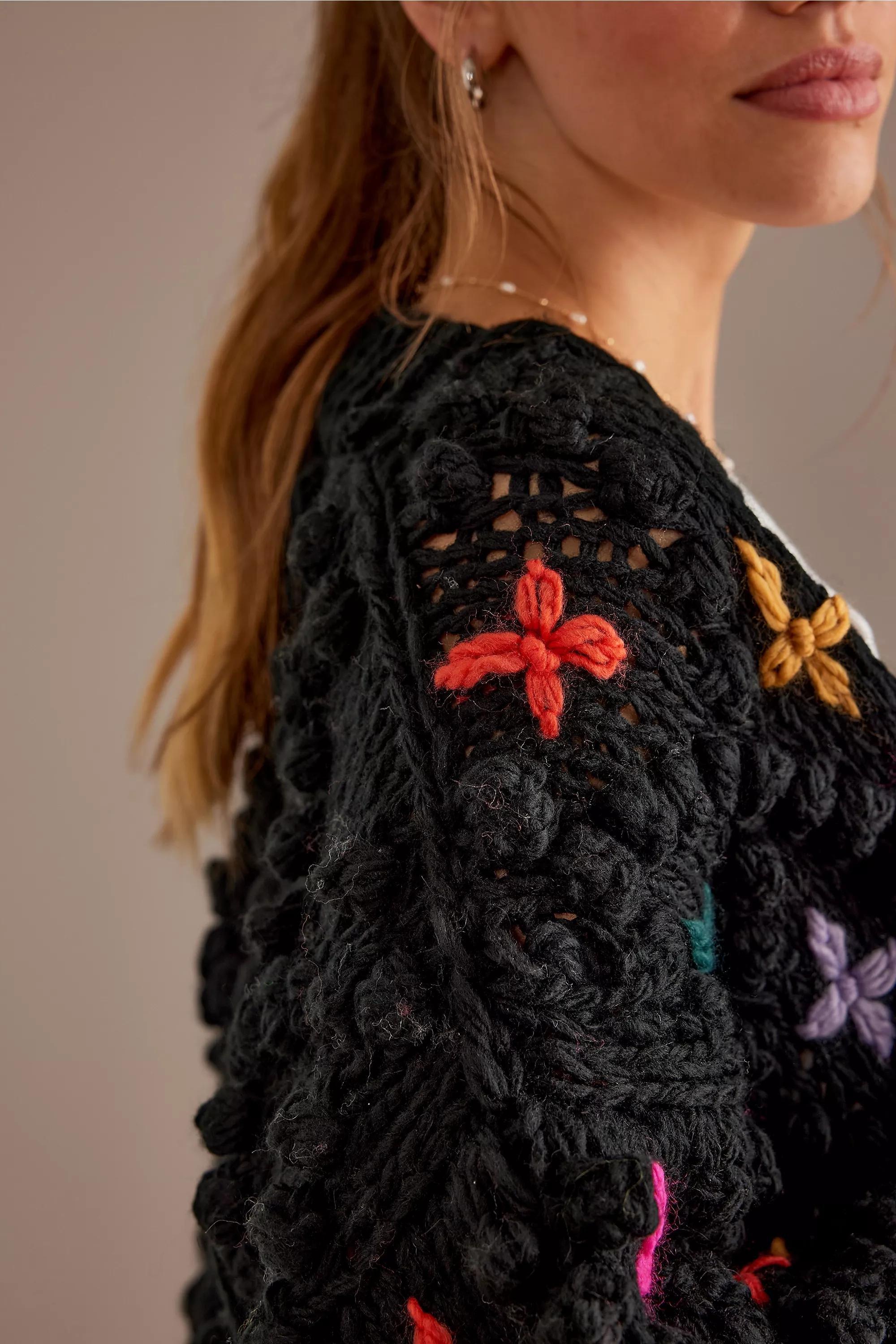 Anthropologie Embroidered Chunky Cardigan, Black, A501_0001, large image number 5