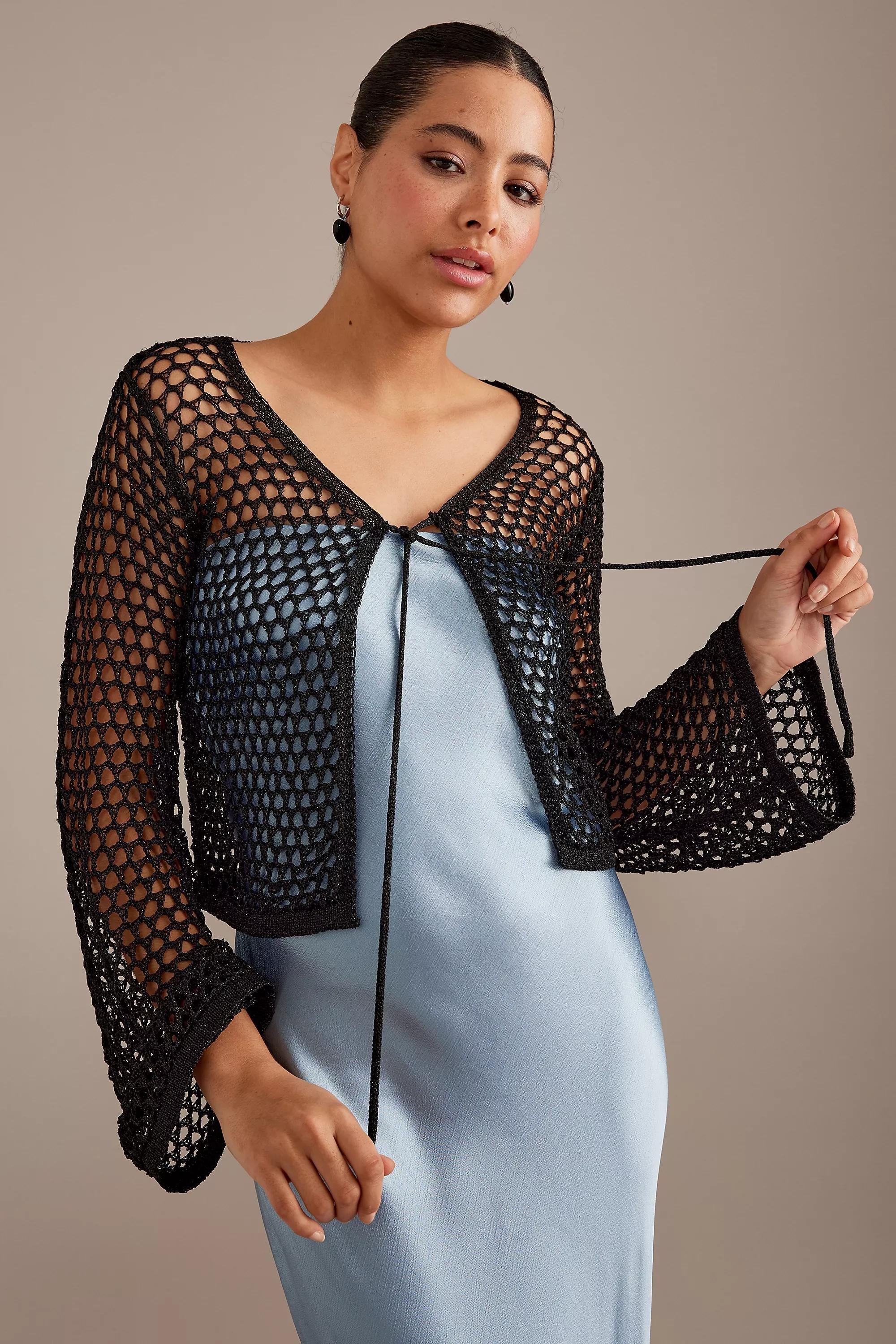 Metallic Tie-Front Crochet Cardigan, Black, A501_0001, large image number 1