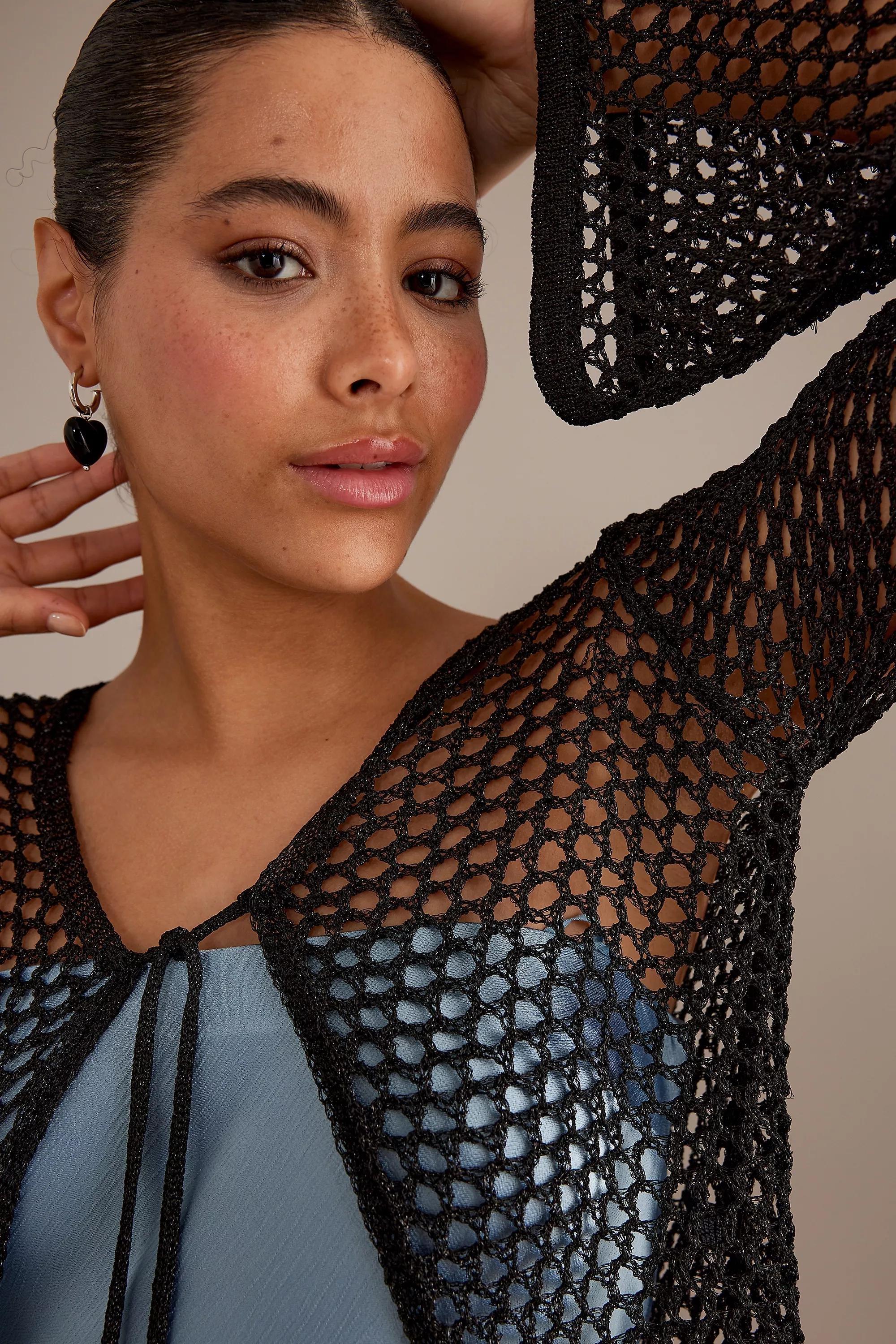 Metallic Tie-Front Crochet Cardigan, Black, A501_0001, large image number 2