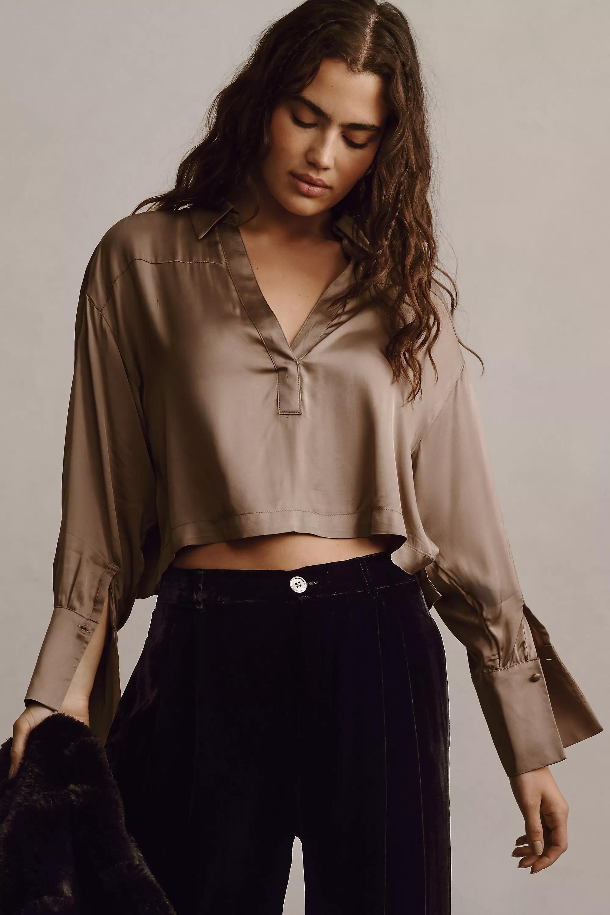 Maeve Silky Collared Long-Sleeve Blouse, Brown, , large image number 0
