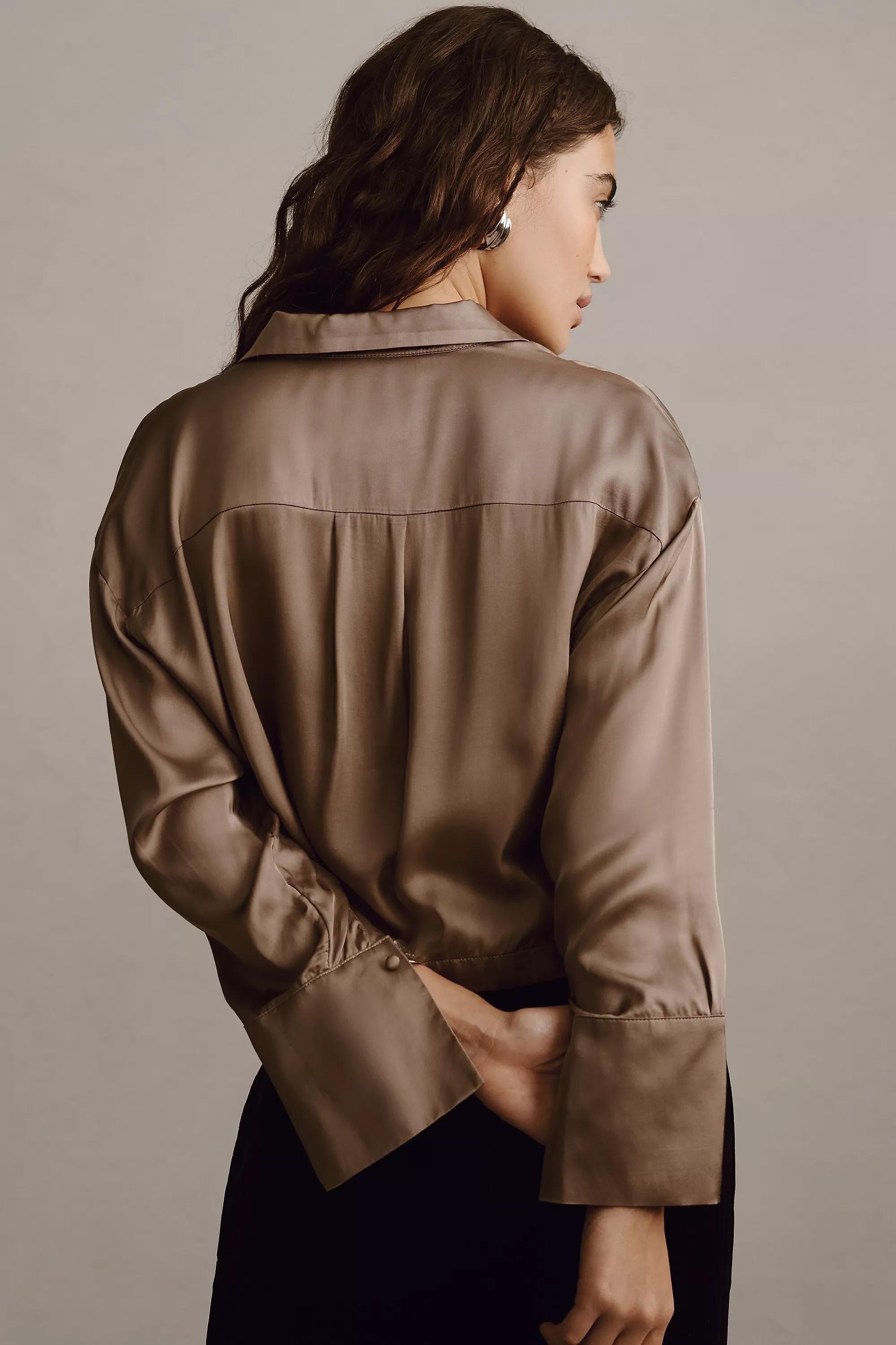 Maeve Silky Collared Long-Sleeve Blouse, Brown, , large image number 1