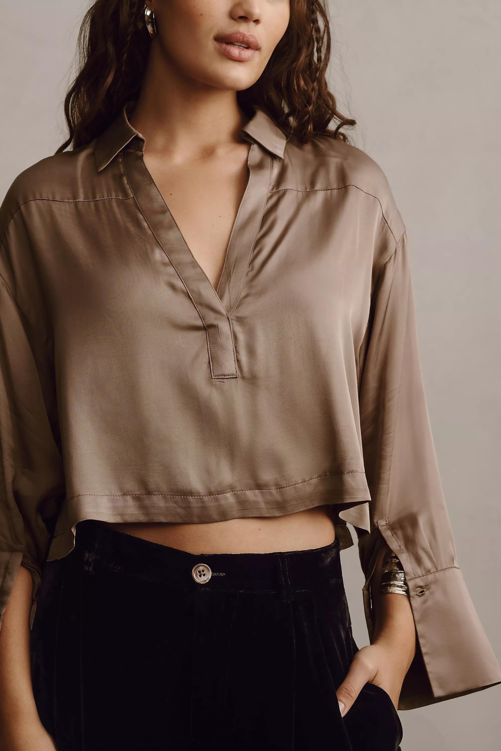 Maeve Silky Collared Long-Sleeve Blouse, Brown, , large image number 2