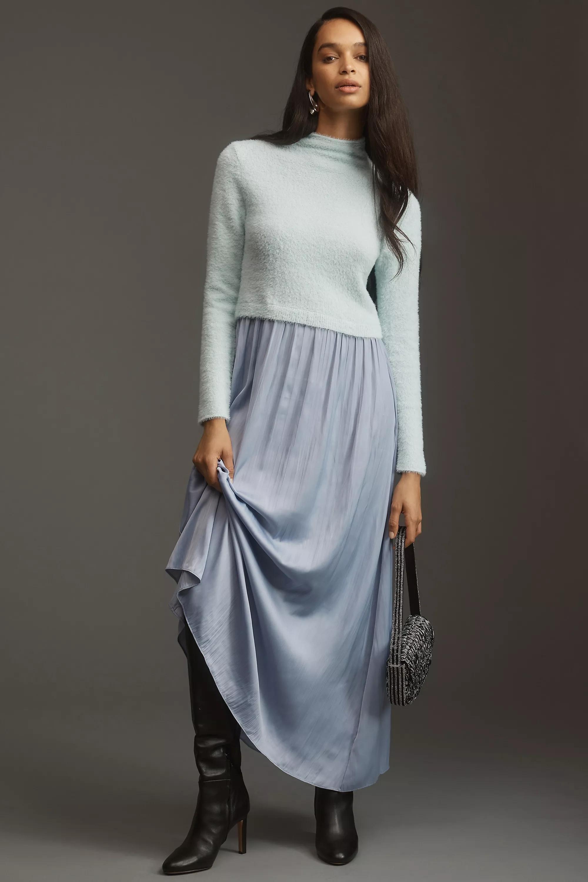 Long-Sleeve Eyelash Mockable Midi Jumper Dress, Blue, , large image number 0