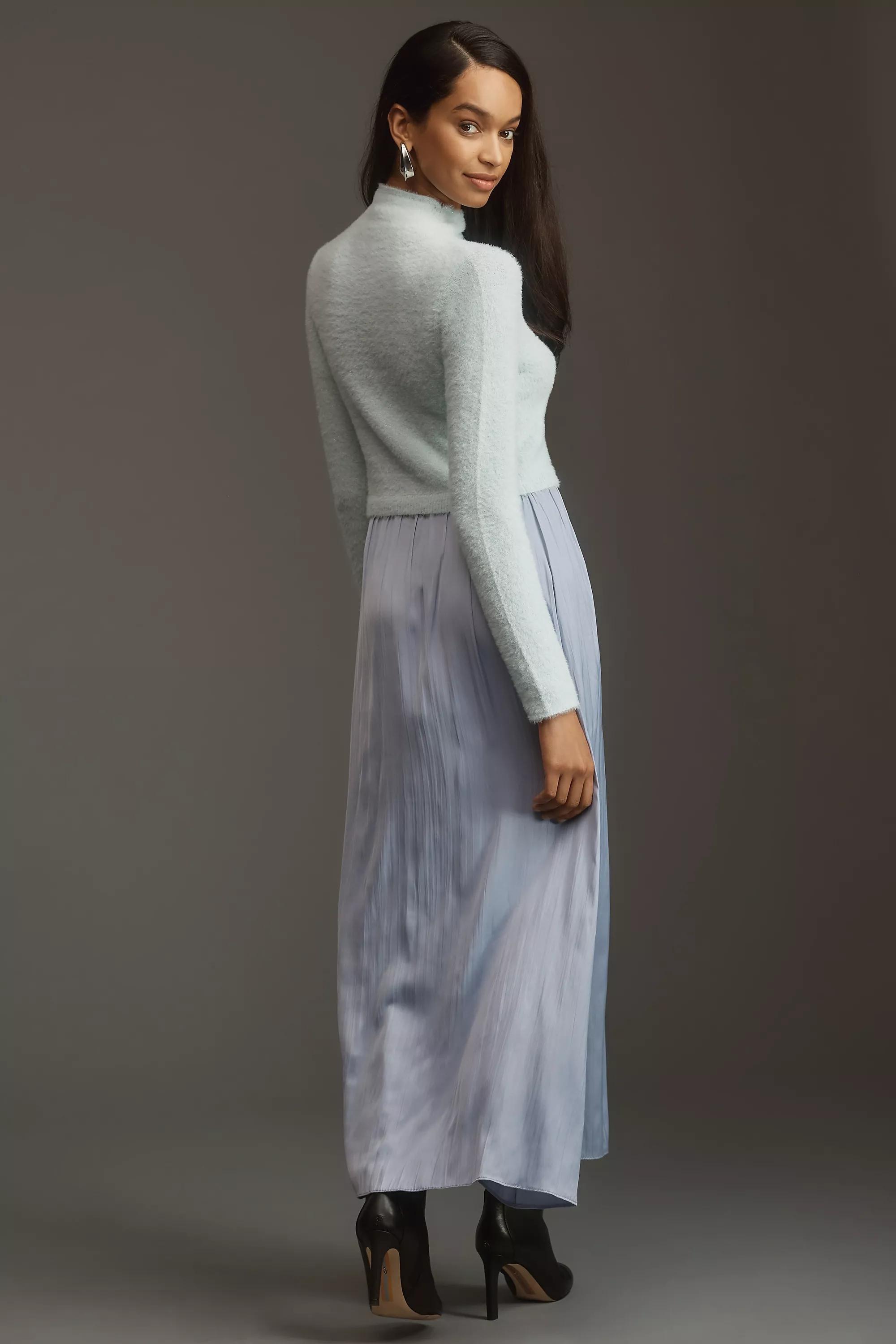 Long-Sleeve Eyelash Mockable Midi Jumper Dress, Blue, , large image number 1