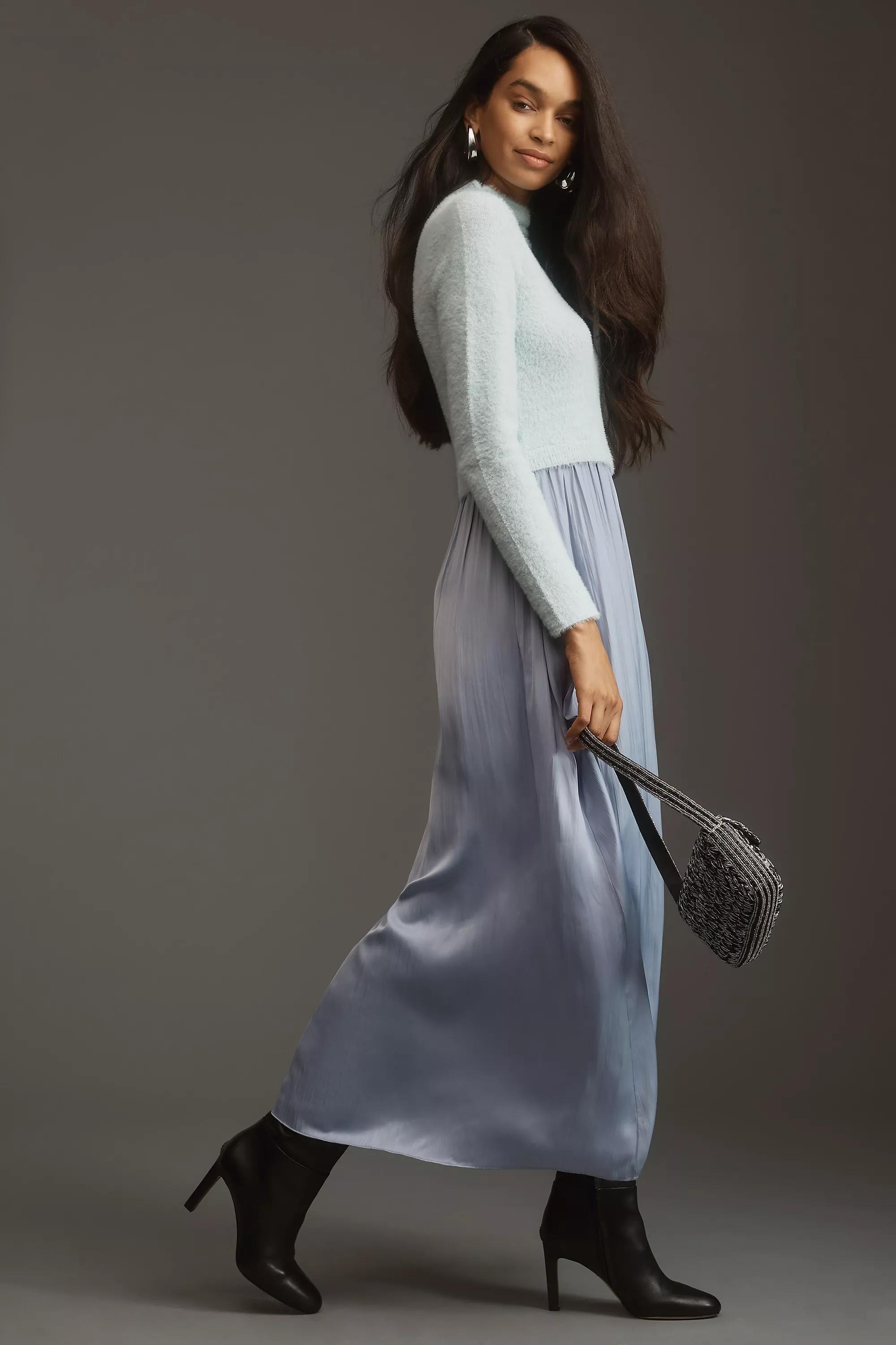 Long-Sleeve Eyelash Mockable Midi Jumper Dress, Blue, , large image number 3