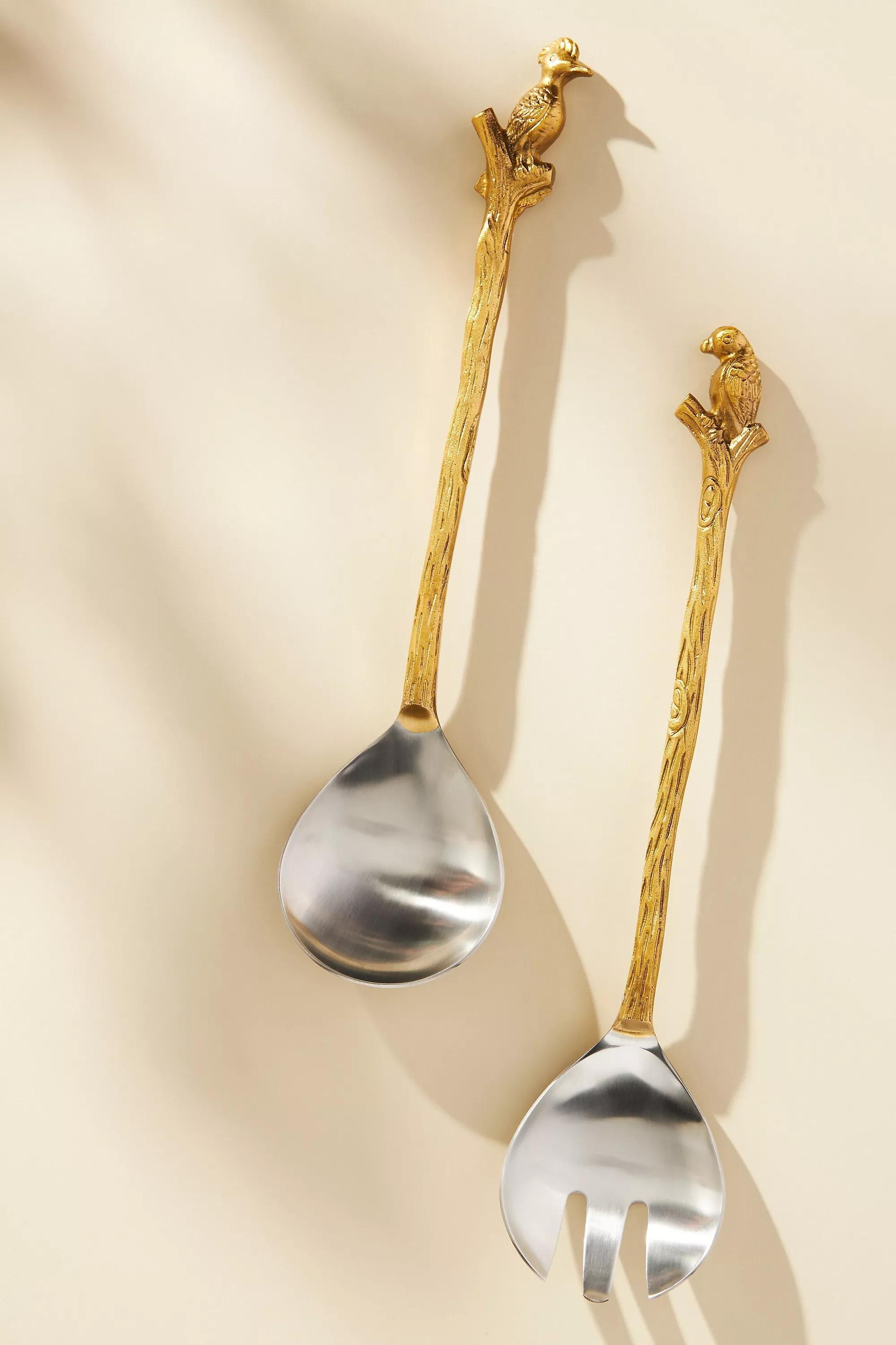 Loro Bird Spoon & Fork Serving Set, Gold, A501_0070, large image number 0
