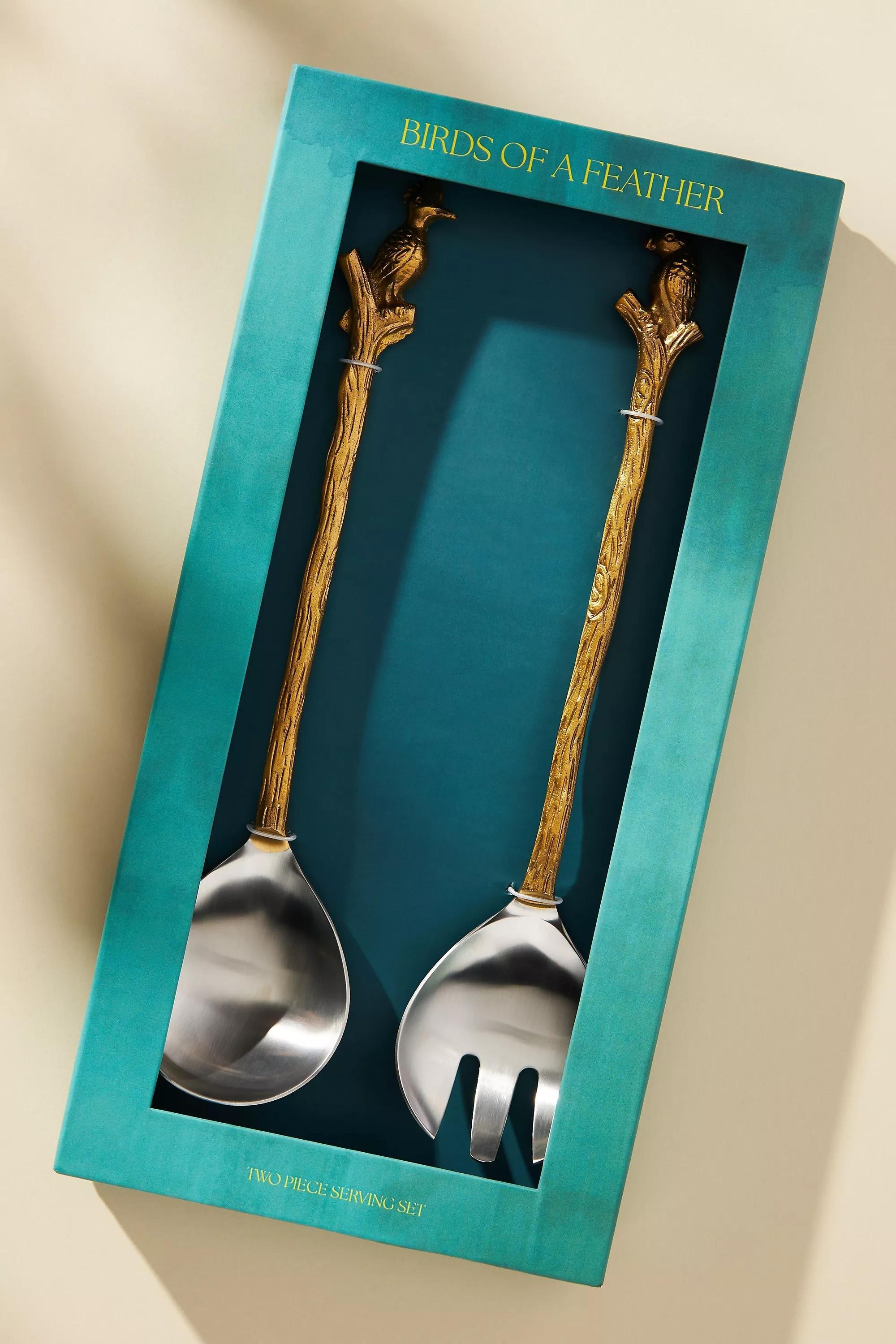 Loro Bird Spoon & Fork Serving Set, Gold, A501_0070, large image number 1