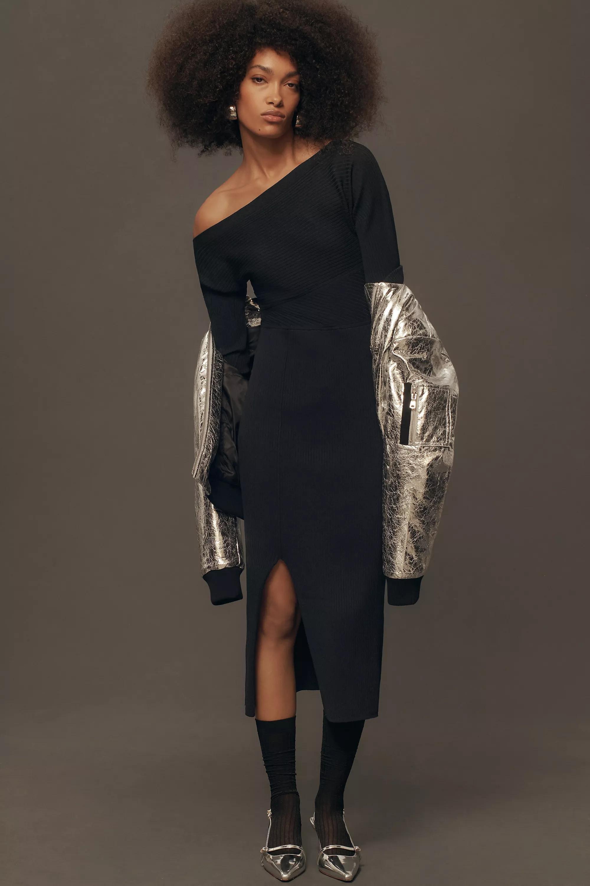 By Anthropologie Off-The-Shoulder Slim Knit Midi Dress, Black, A501_0001, large image number 0