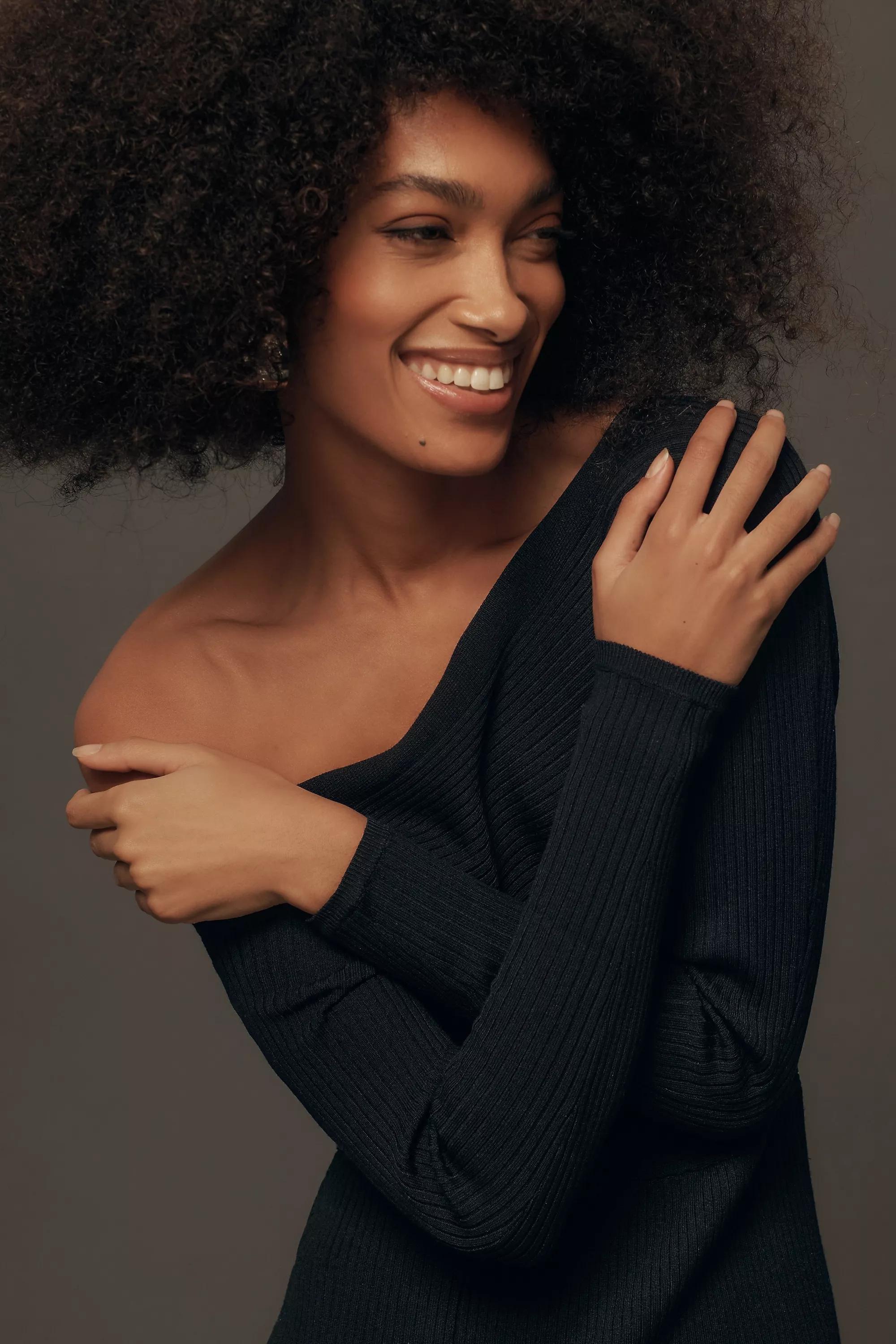 By Anthropologie Off-The-Shoulder Slim Knit Midi Dress, Black, A501_0001, large image number 2